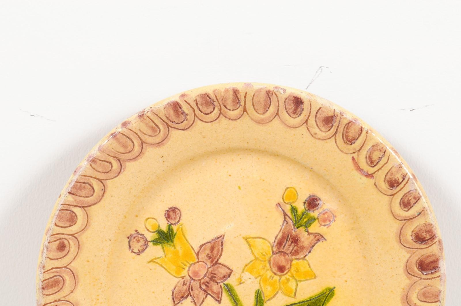 Portuguese Painted Clay Floral Pottery Plate with Pink, Yellow and Green Tones In Good Condition In Atlanta, GA