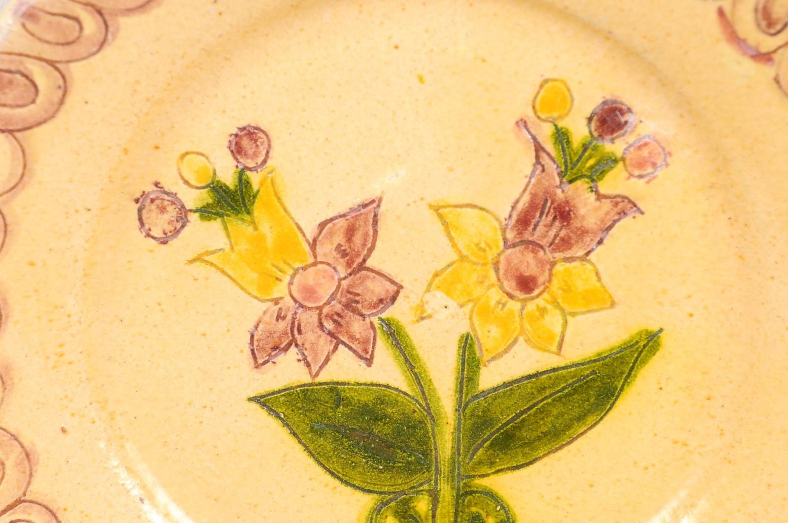 Portuguese Painted Clay Floral Pottery Plate with Pink, Yellow and Green Tones 1