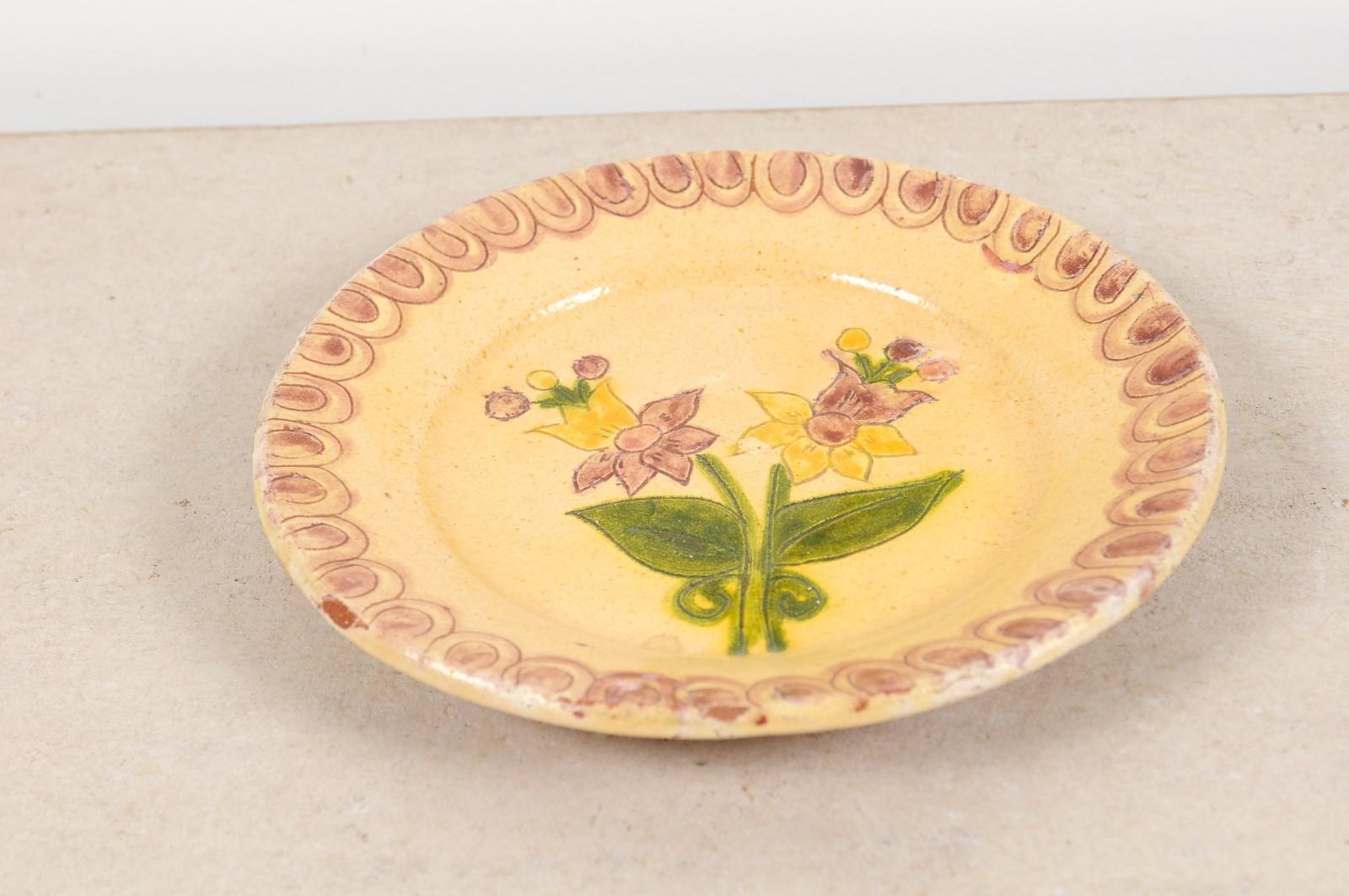 Portuguese Painted Clay Floral Pottery Plate with Pink, Yellow and Green Tones 5