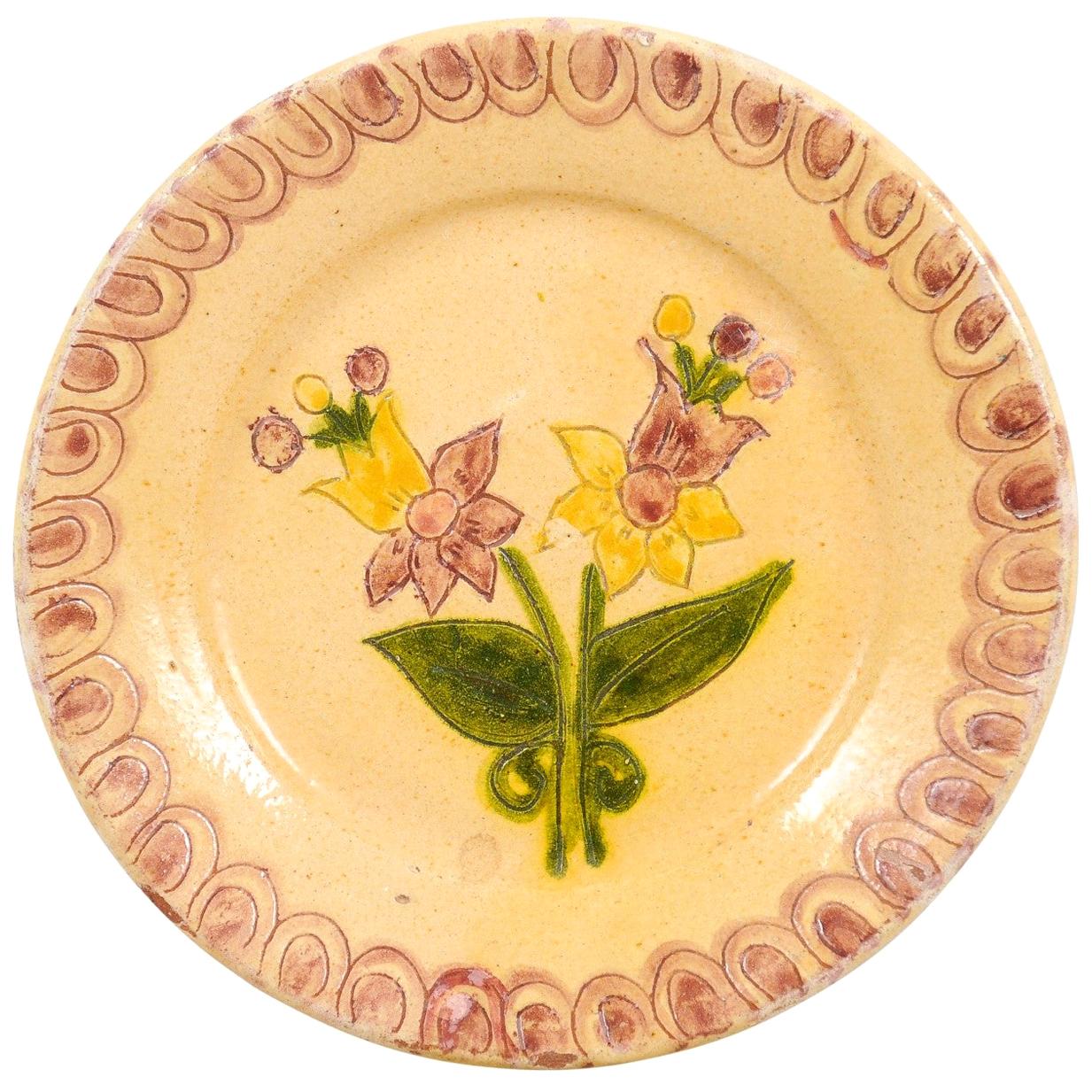 Portuguese Painted Clay Floral Pottery Plate with Pink, Yellow and Green Tones