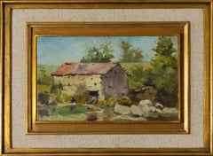 Portuguese Painting Of Watermill, Acacio Lino, 20th Century, Ornate Gilt Frame