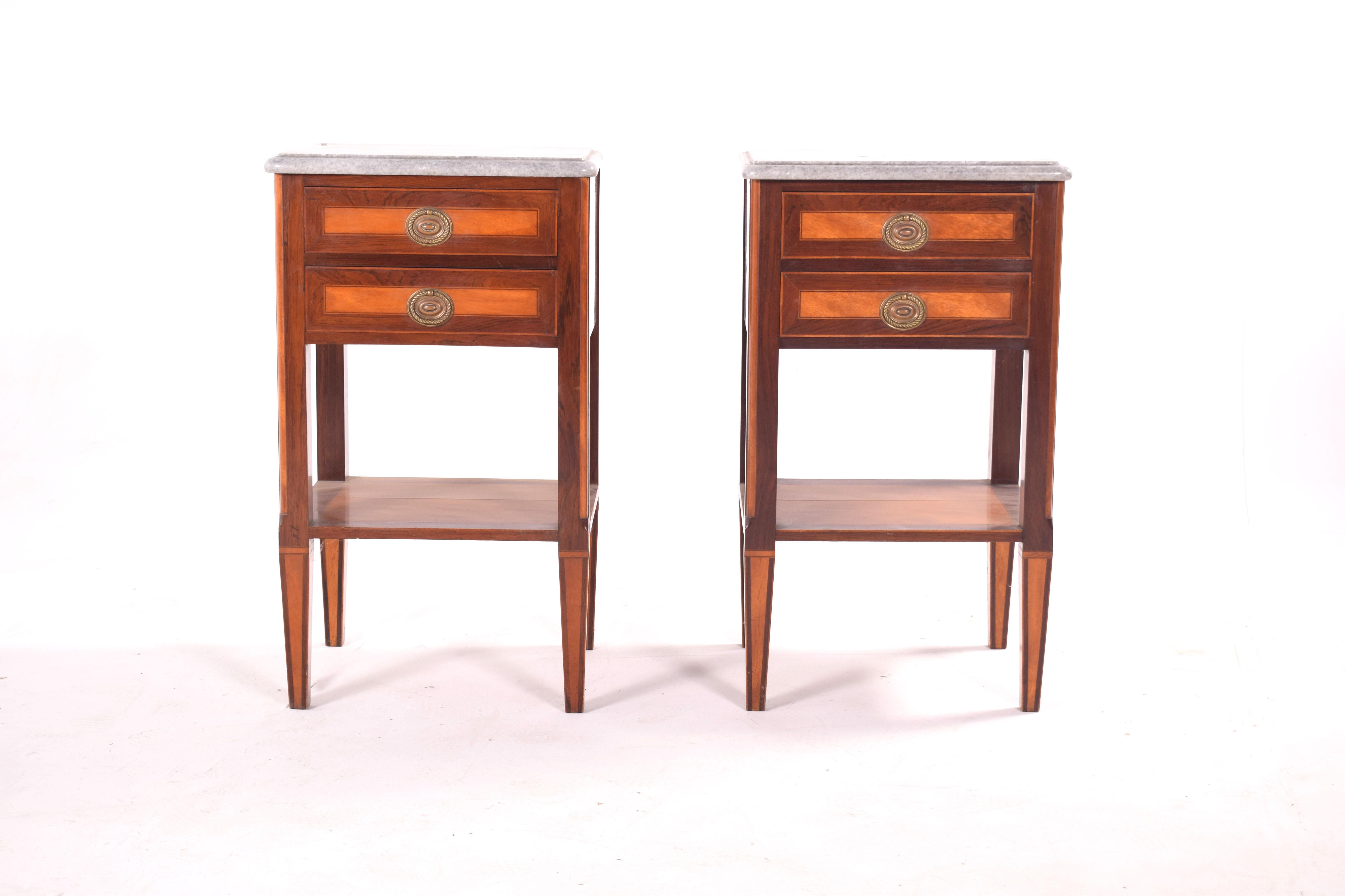 Two D. Maria style bedside tables with gray stone top. Ash, walnut and rosewood. Two drawers.
  