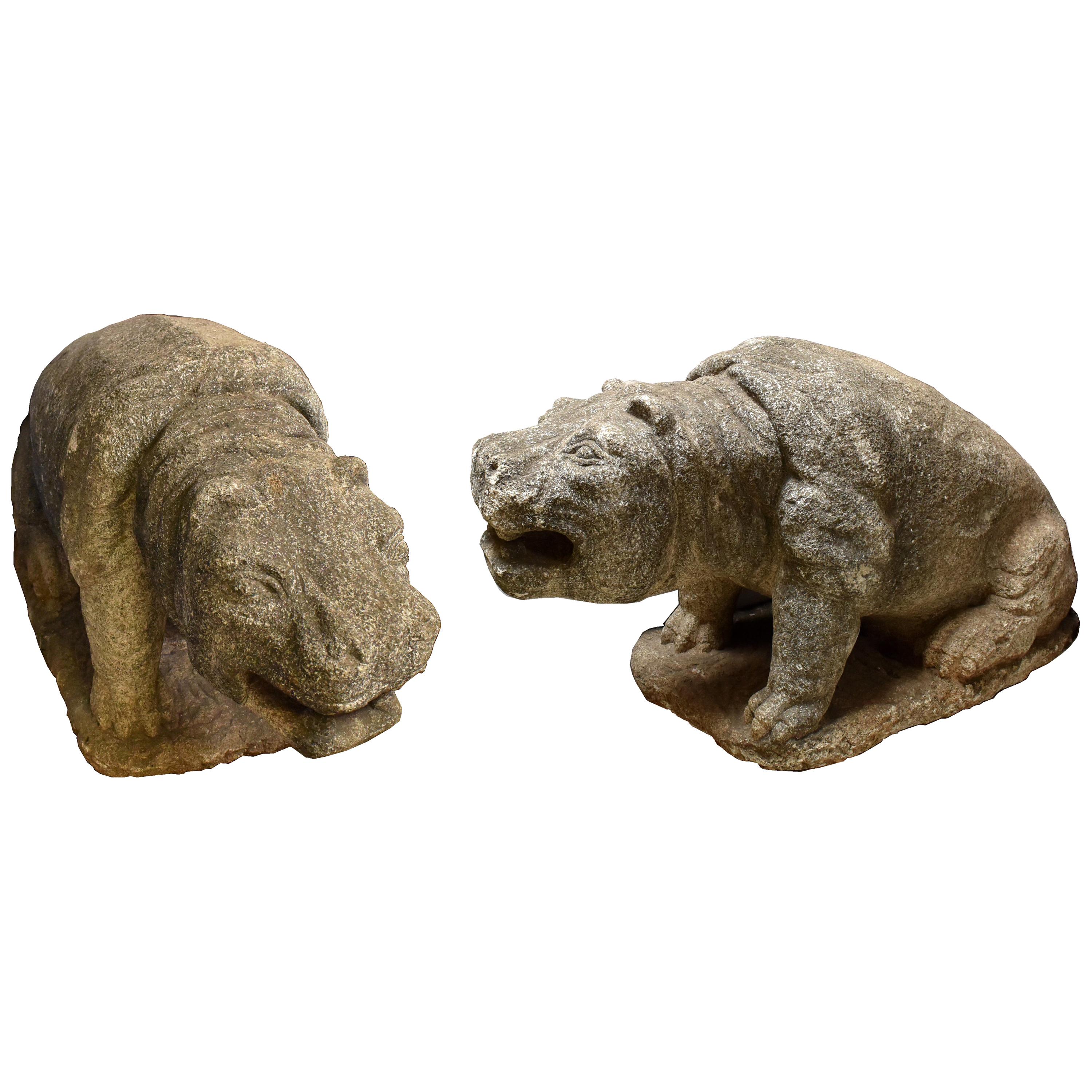 Portuguese Pair of Carved Stone Hippos, 18th Century