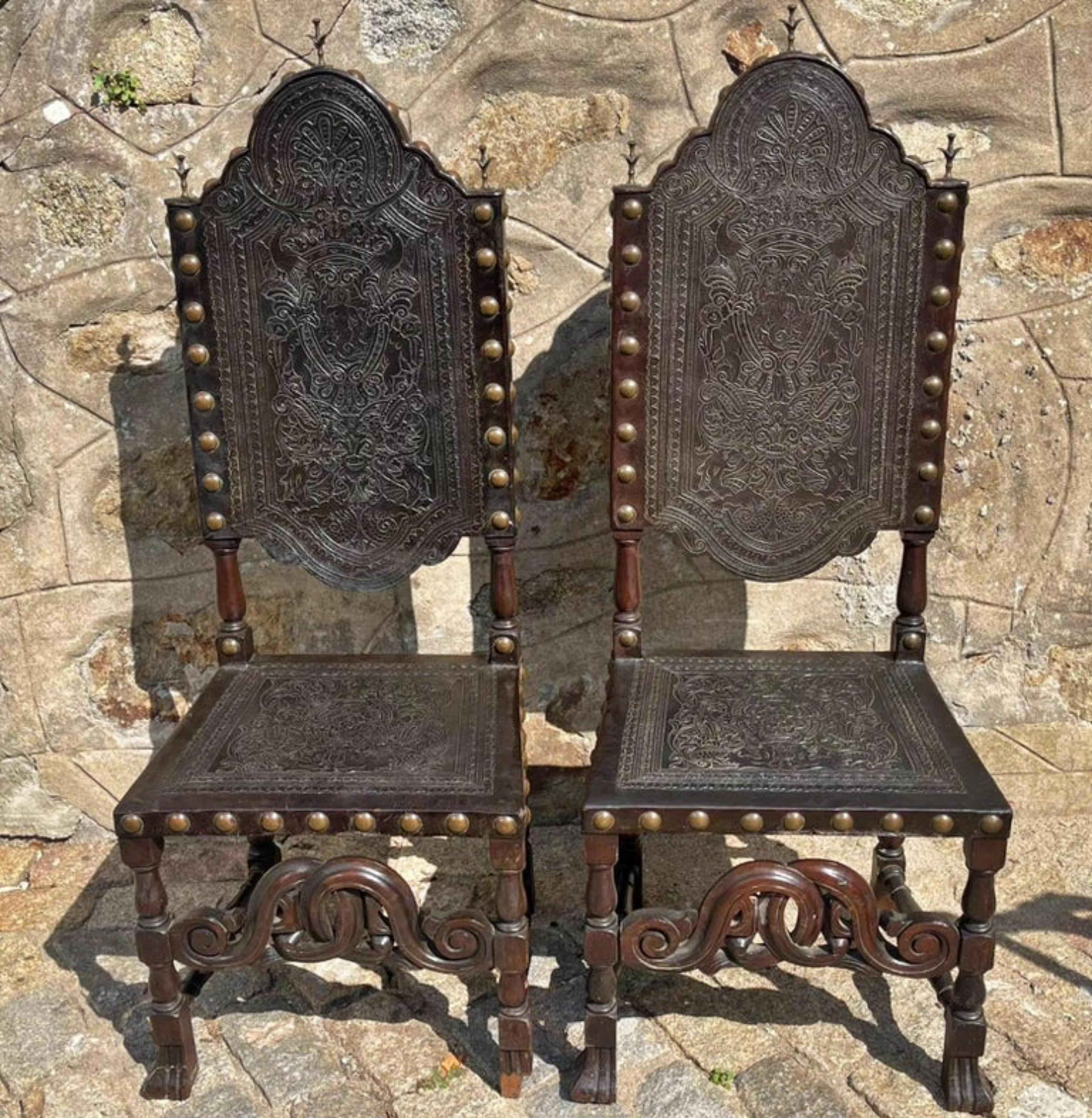 Rosewood Portuguese Pair of High-Backed Chairs, 18th Century For Sale