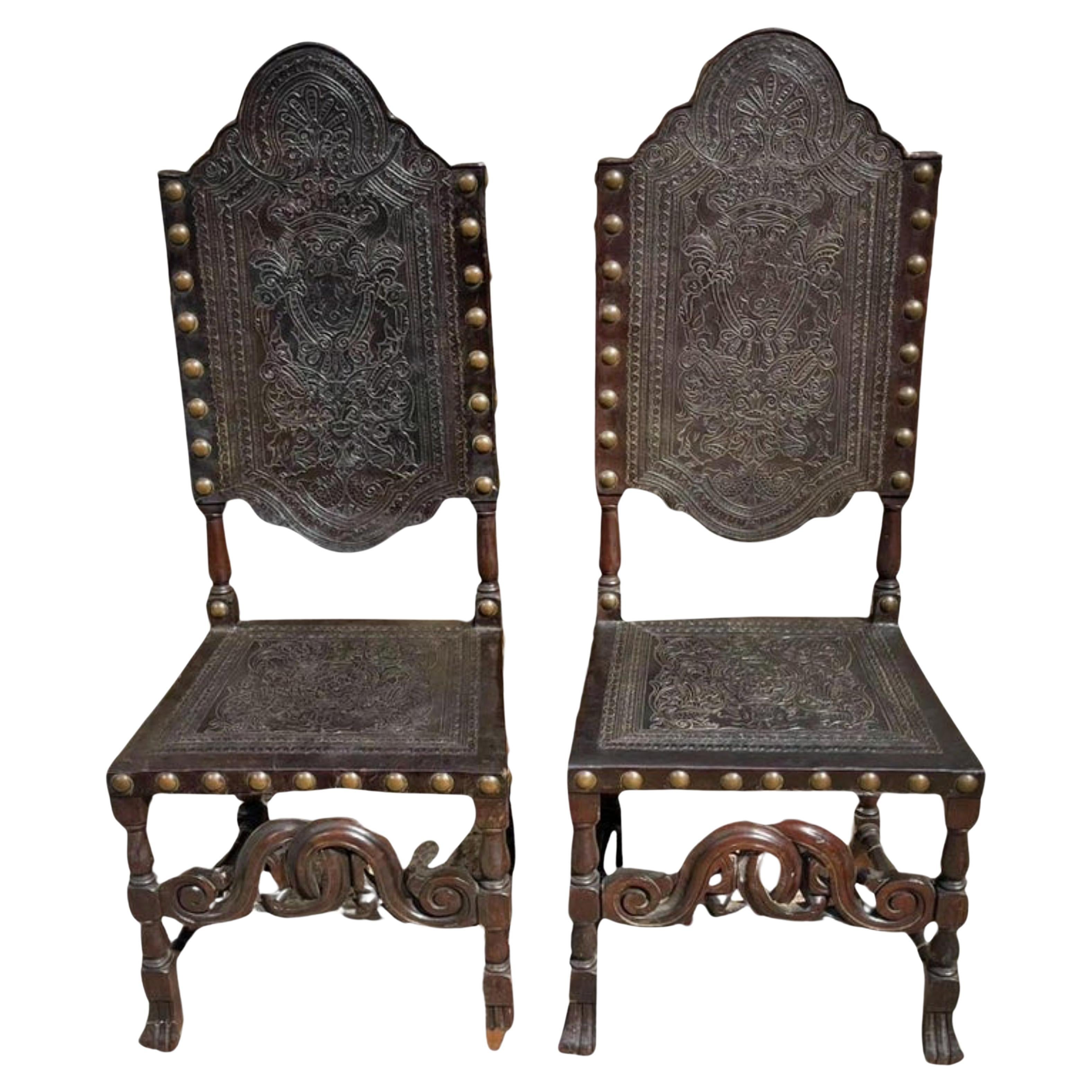 Portuguese Pair of High-Backed Chairs, 18th Century For Sale