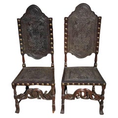 Portuguese Pair of High-Backed Chairs, 18th Century