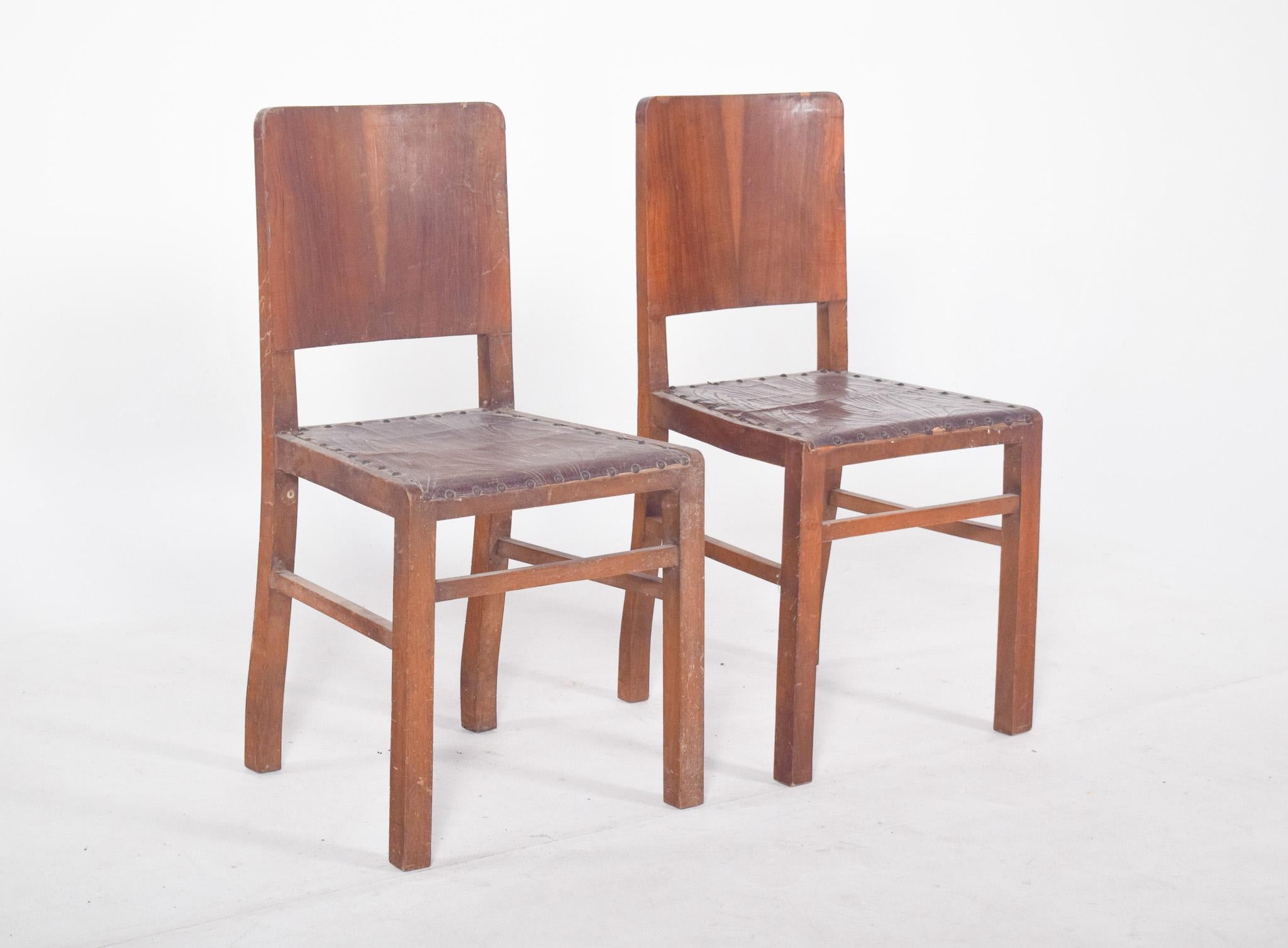 Mid-Century Modern Portuguese Pair of Leather Dining chairs with Studs For Sale