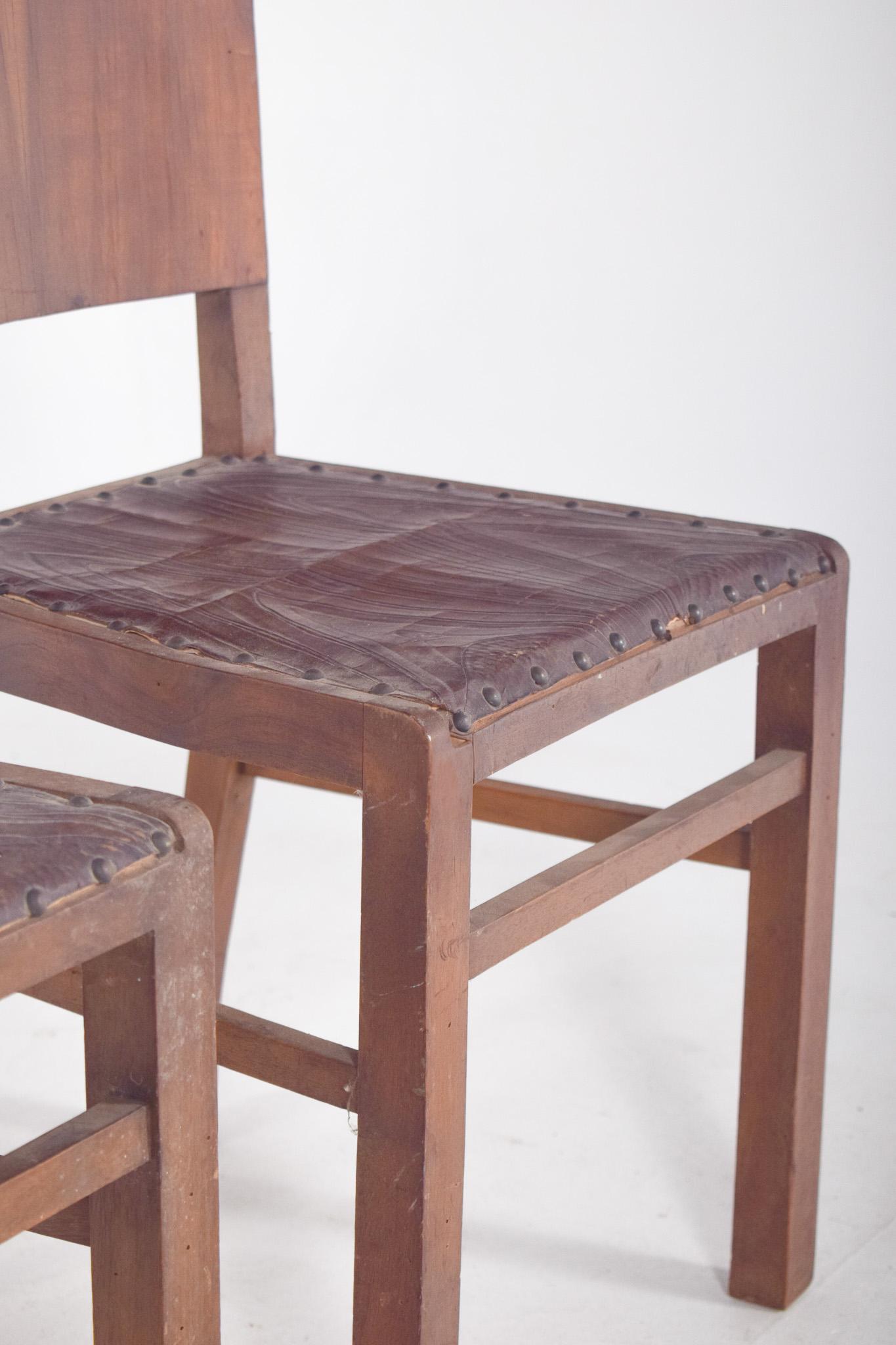 Wood Portuguese Pair of Leather Dining chairs with Studs For Sale