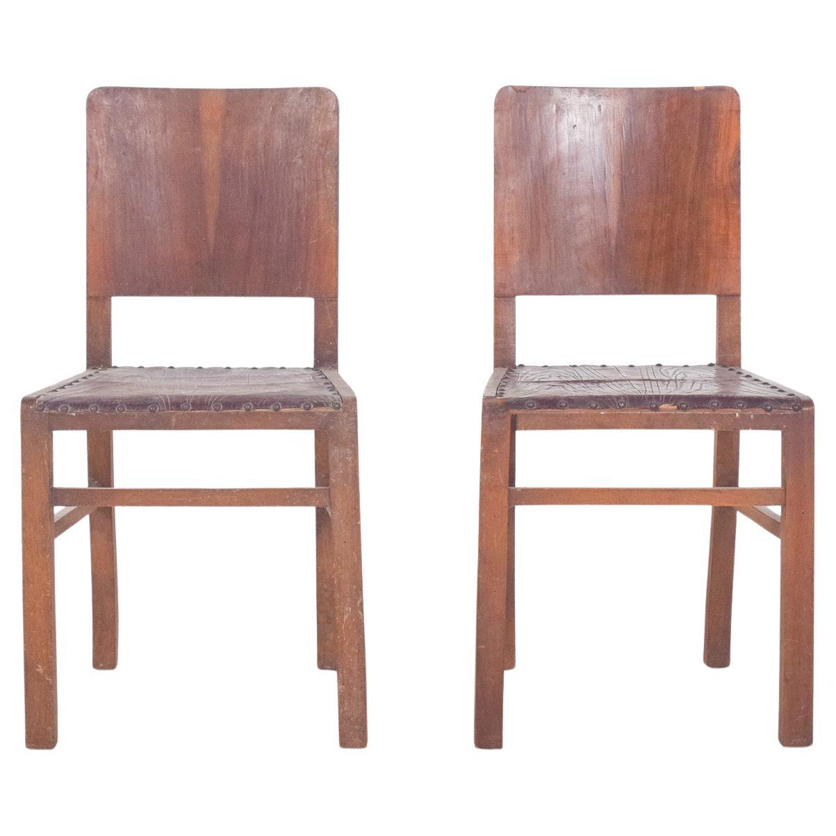 Portuguese Pair of Leather Dining chairs with Studs