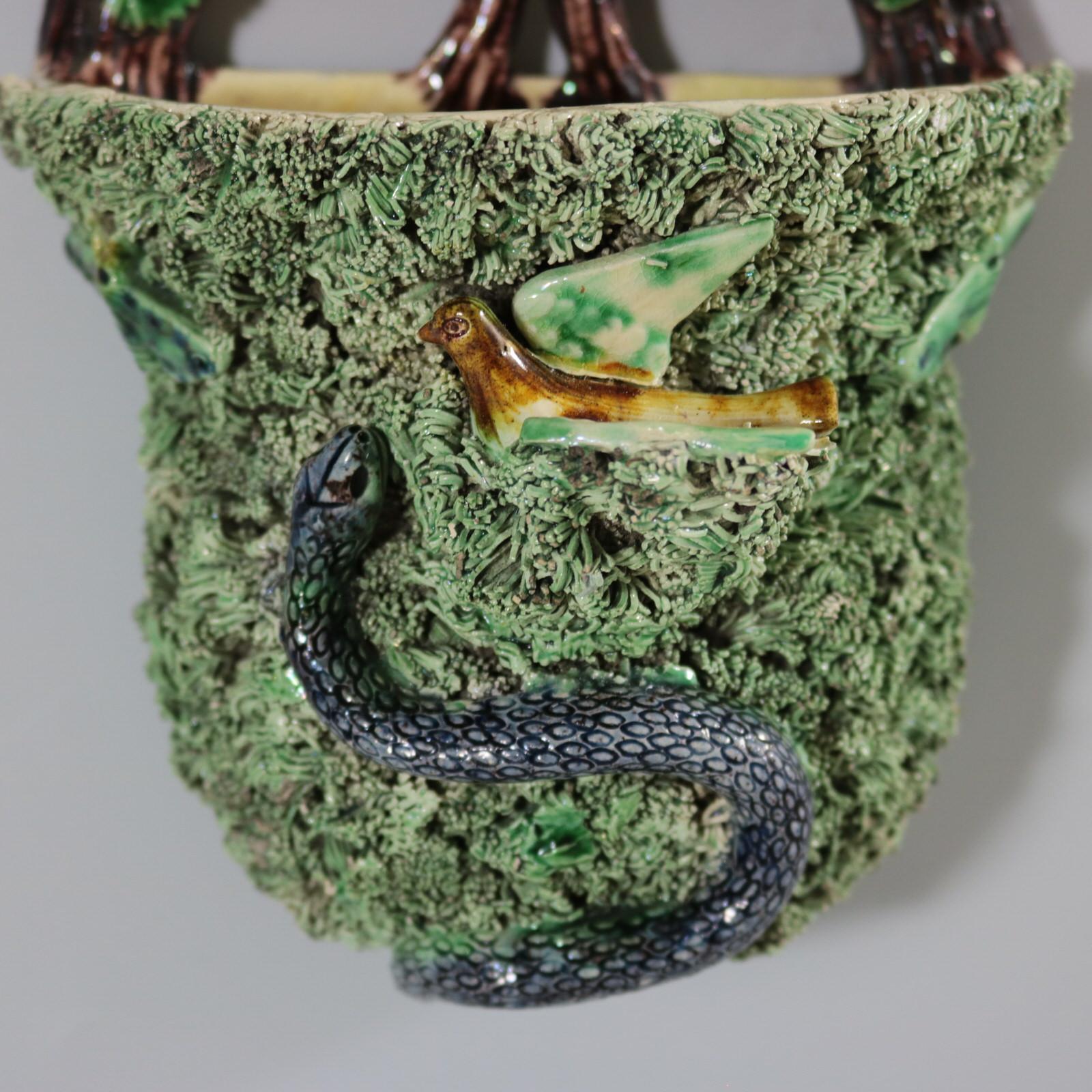 Portuguese Palissy Majolica Snake & Bird Wall Pocket For Sale 1