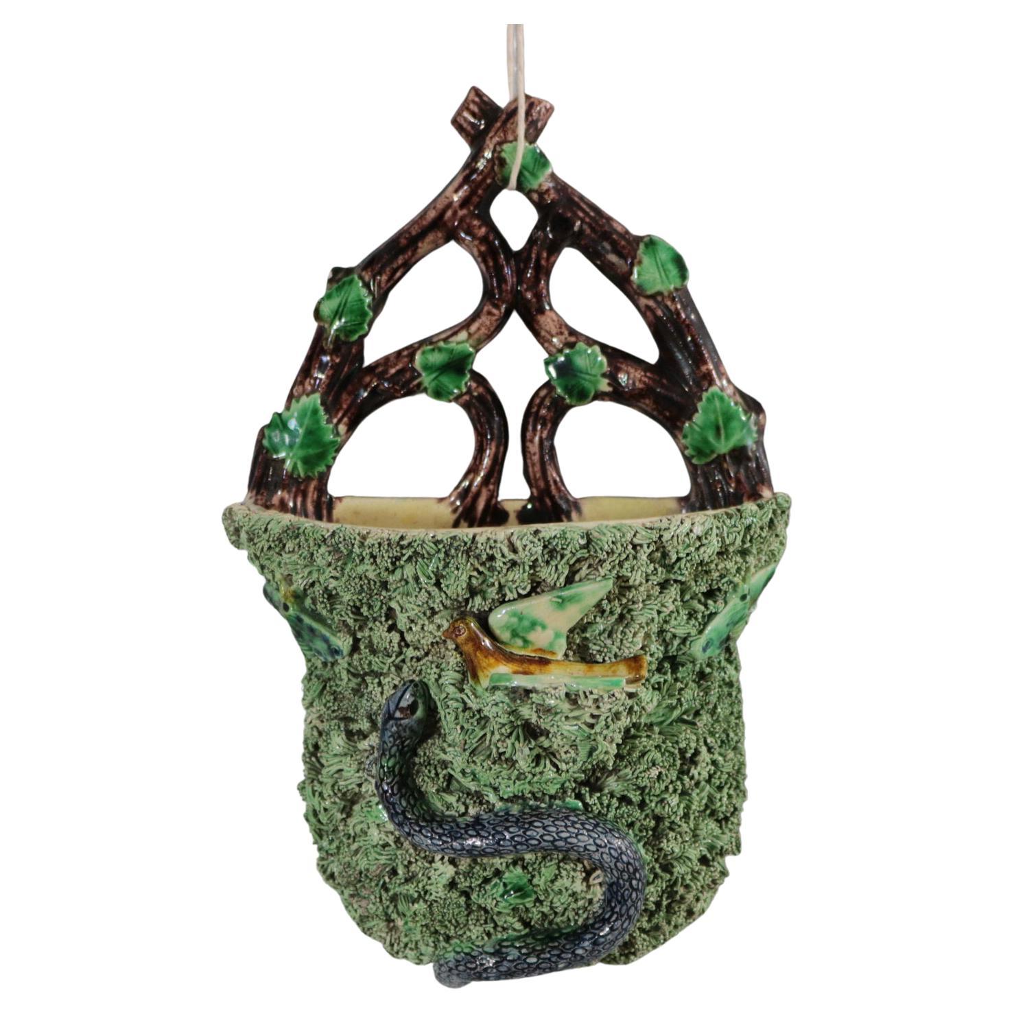 Portuguese Palissy Majolica Snake & Bird Wall Pocket For Sale