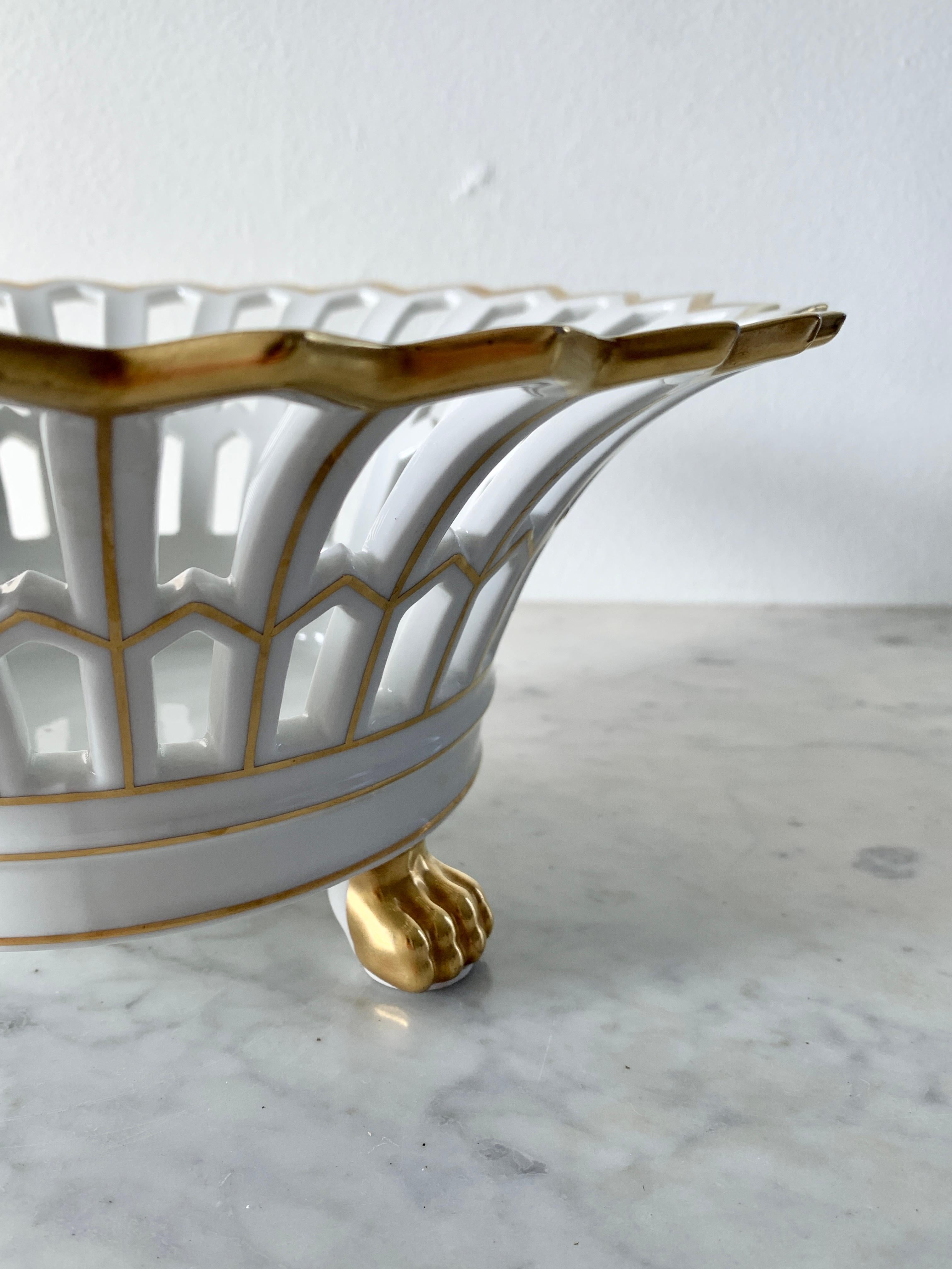 Neoclassical Portuguese Reticulated Gold Gilt Porcelain Lion Paw Footed Basket For Sale