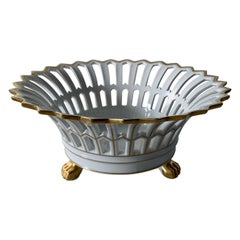 Portuguese Reticulated Gold Gilt Porcelain Lion Paw Footed Basket