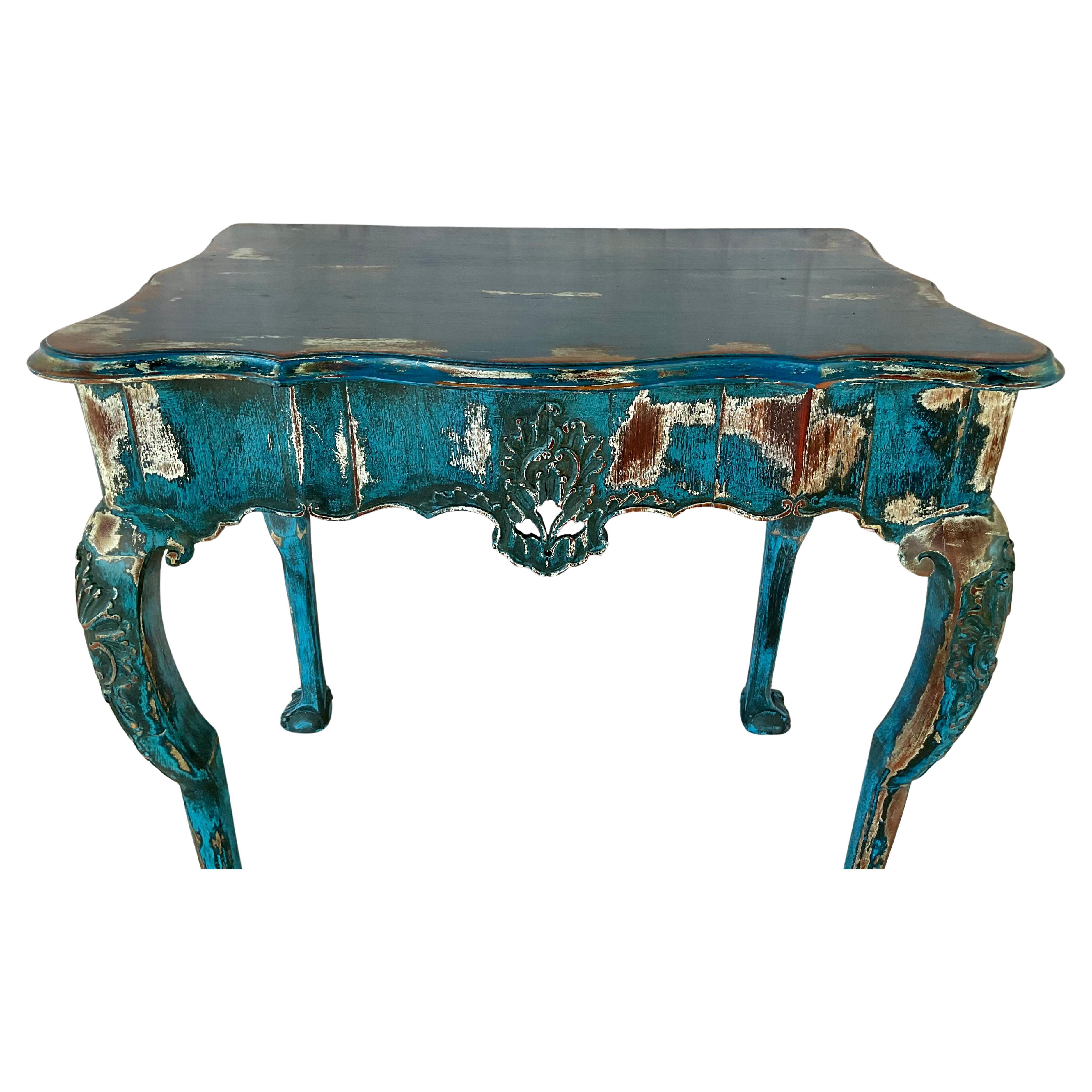 18th Century Portuguese Rococo Carved Painted Console Table For Sale