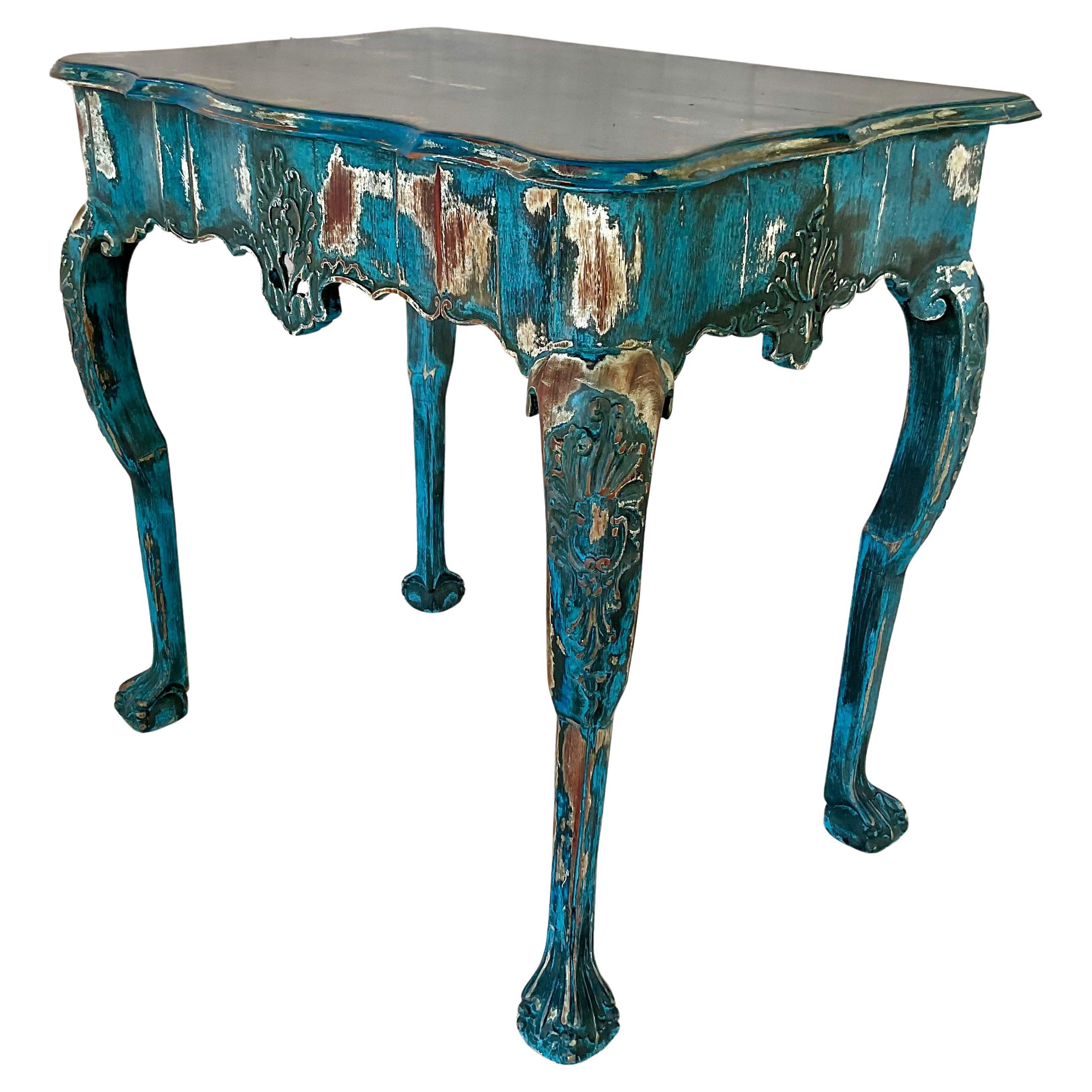 Wood Portuguese Rococo Carved Painted Console Table For Sale
