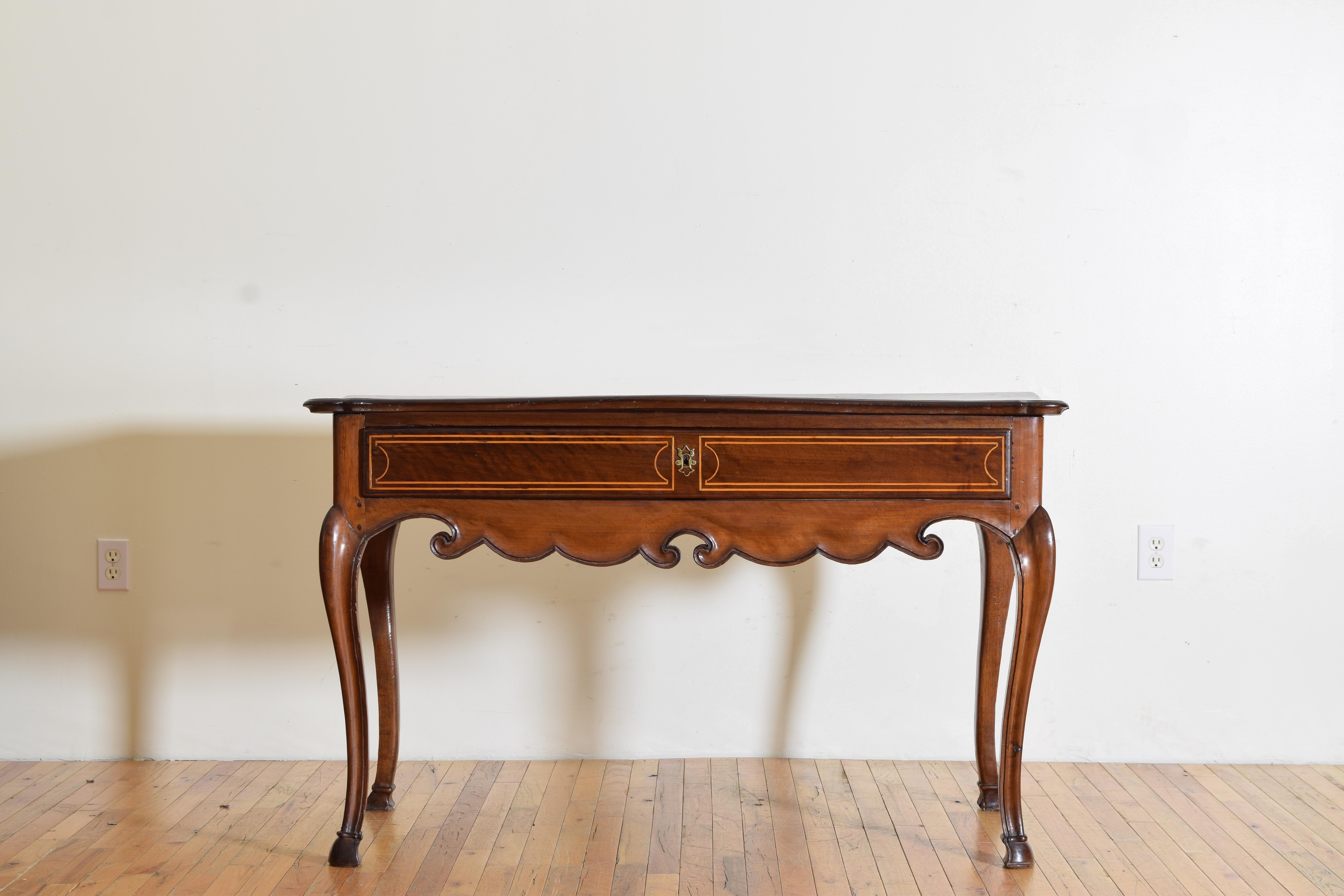 Mid-18th Century Portuguese Rococo Period Carved Walnut & Inlaid 1-Drawer Console, mid 18th cen. For Sale