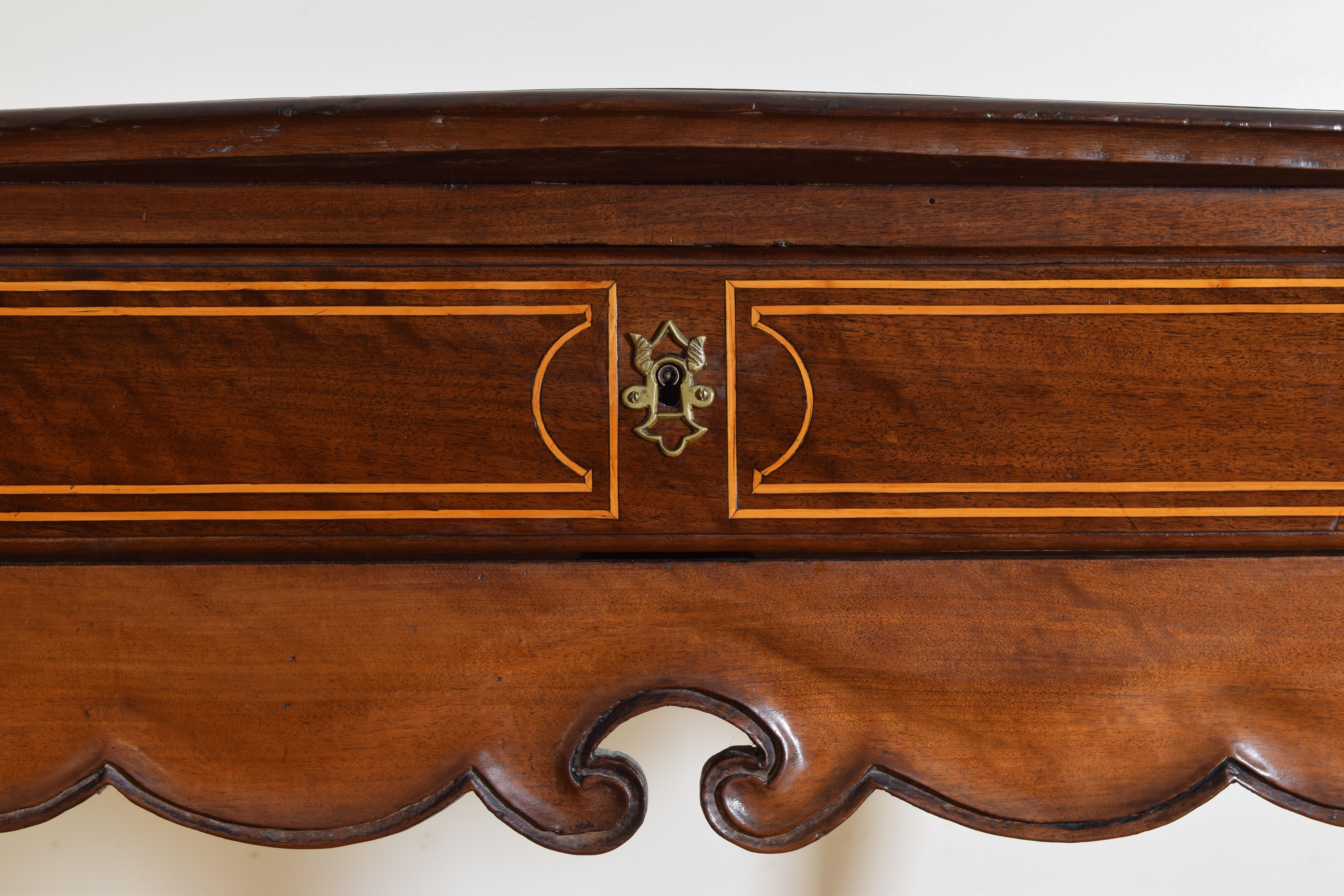 Portuguese Rococo Period Carved Walnut & Inlaid 1-Drawer Console, mid 18th cen. For Sale 4