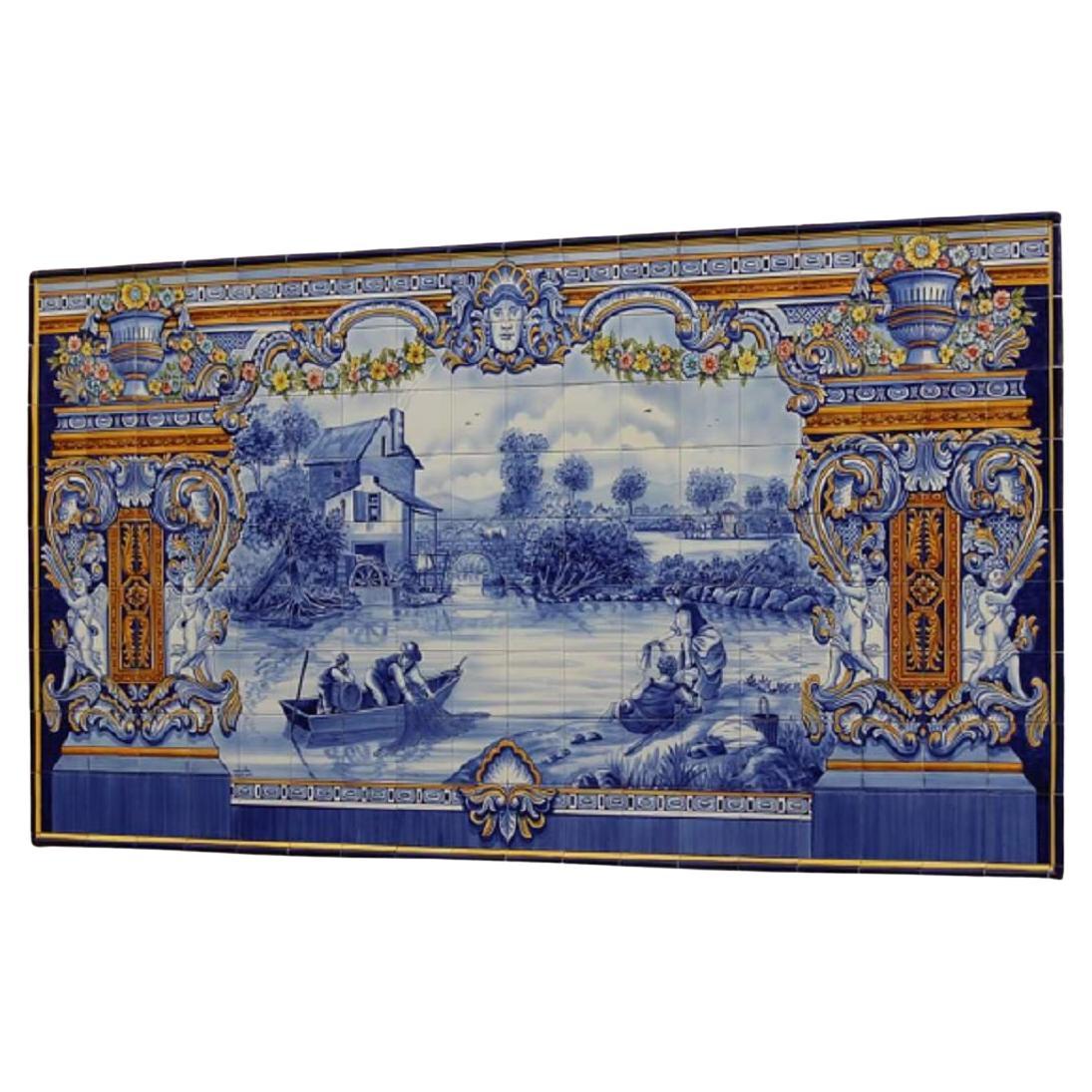 Azulejos Portuguese Tile Mural "The Lake" Hand Painted and Signed by Artist