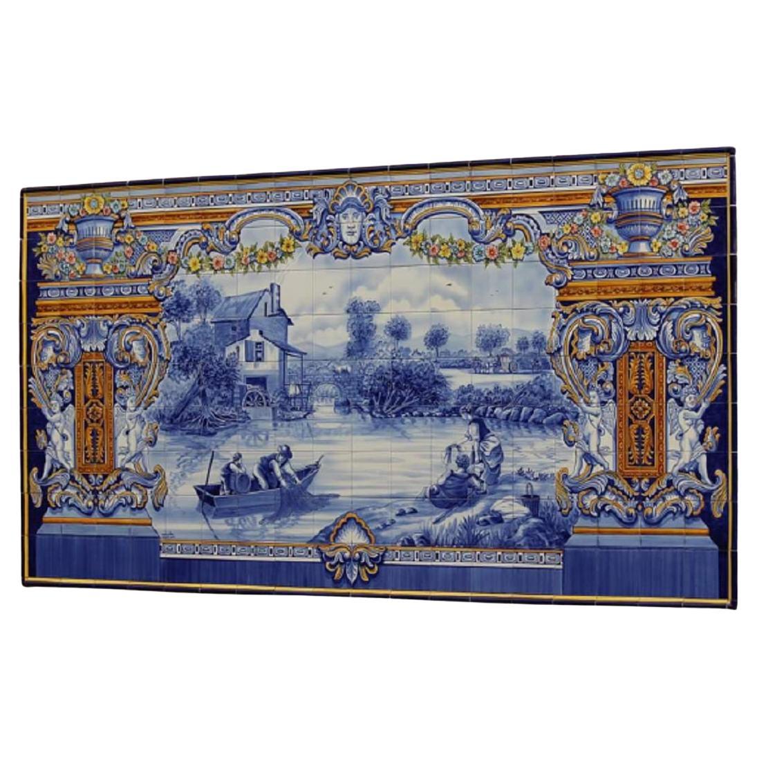 Azulejos portugais carreaux peints à la main « By the Lake » signé par l'artiste