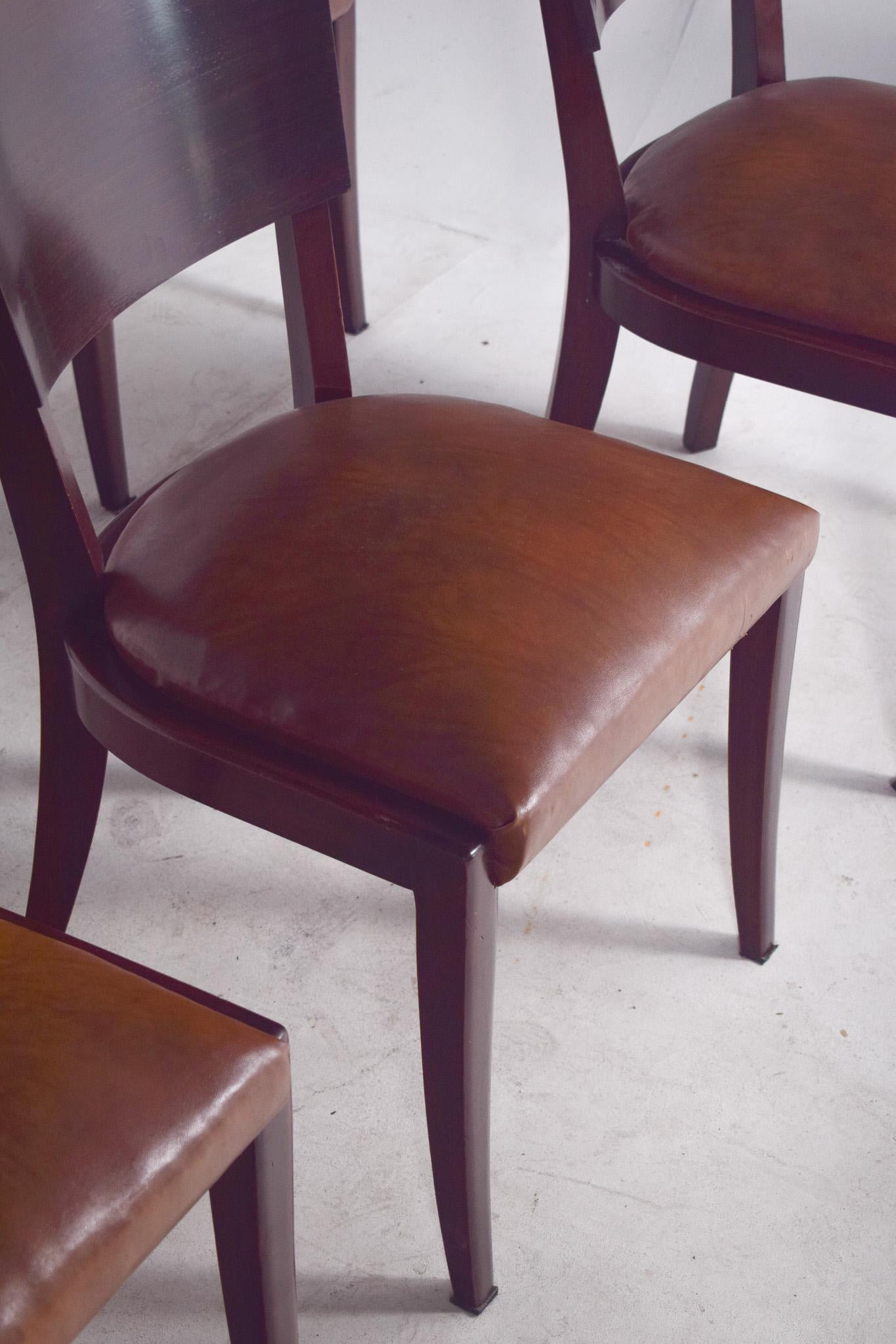 Portugiesischer Satz von sechs Art Deco Stühlen in Leder im Angebot 1