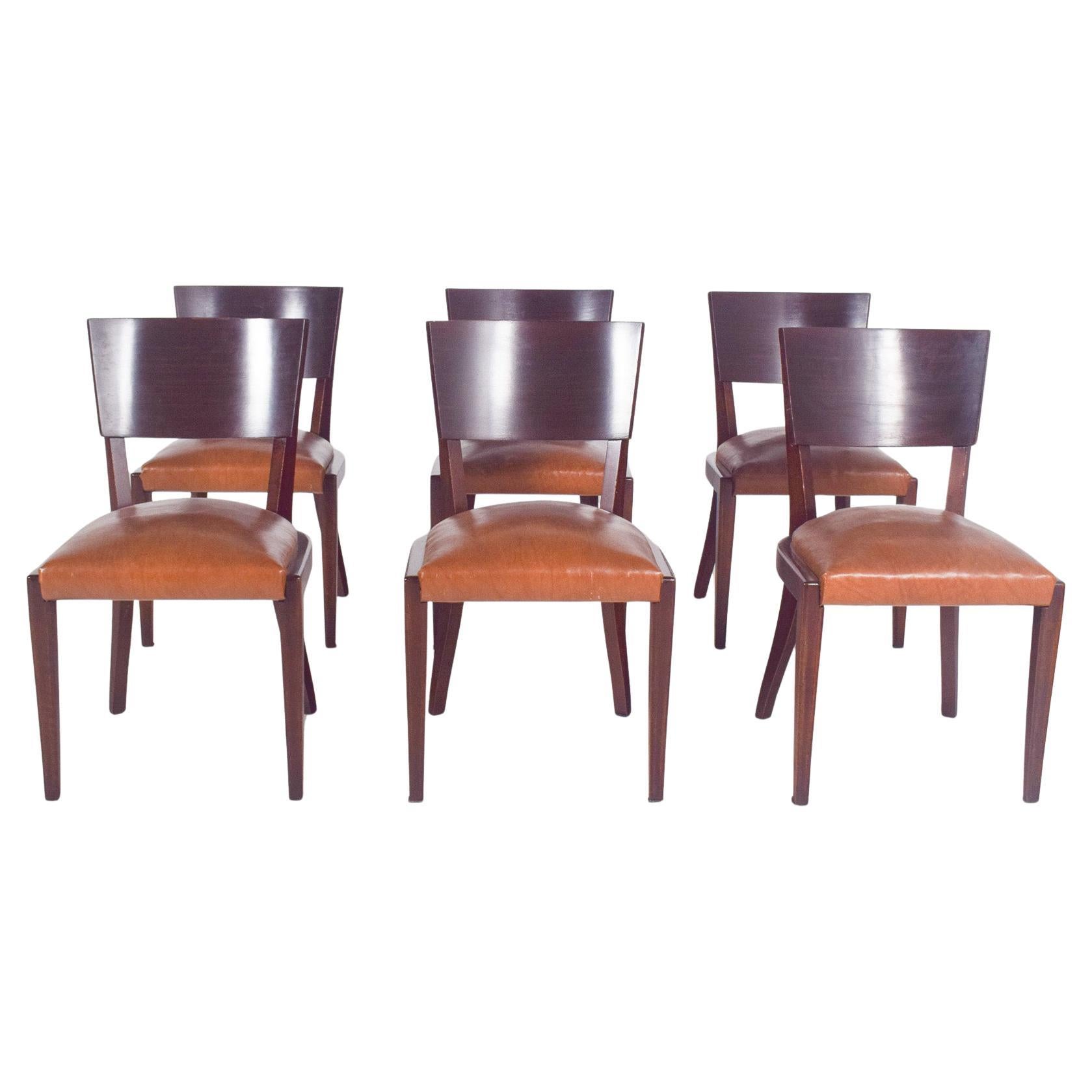 Portuguese Set of Six Art Deco Chairs in Leather
