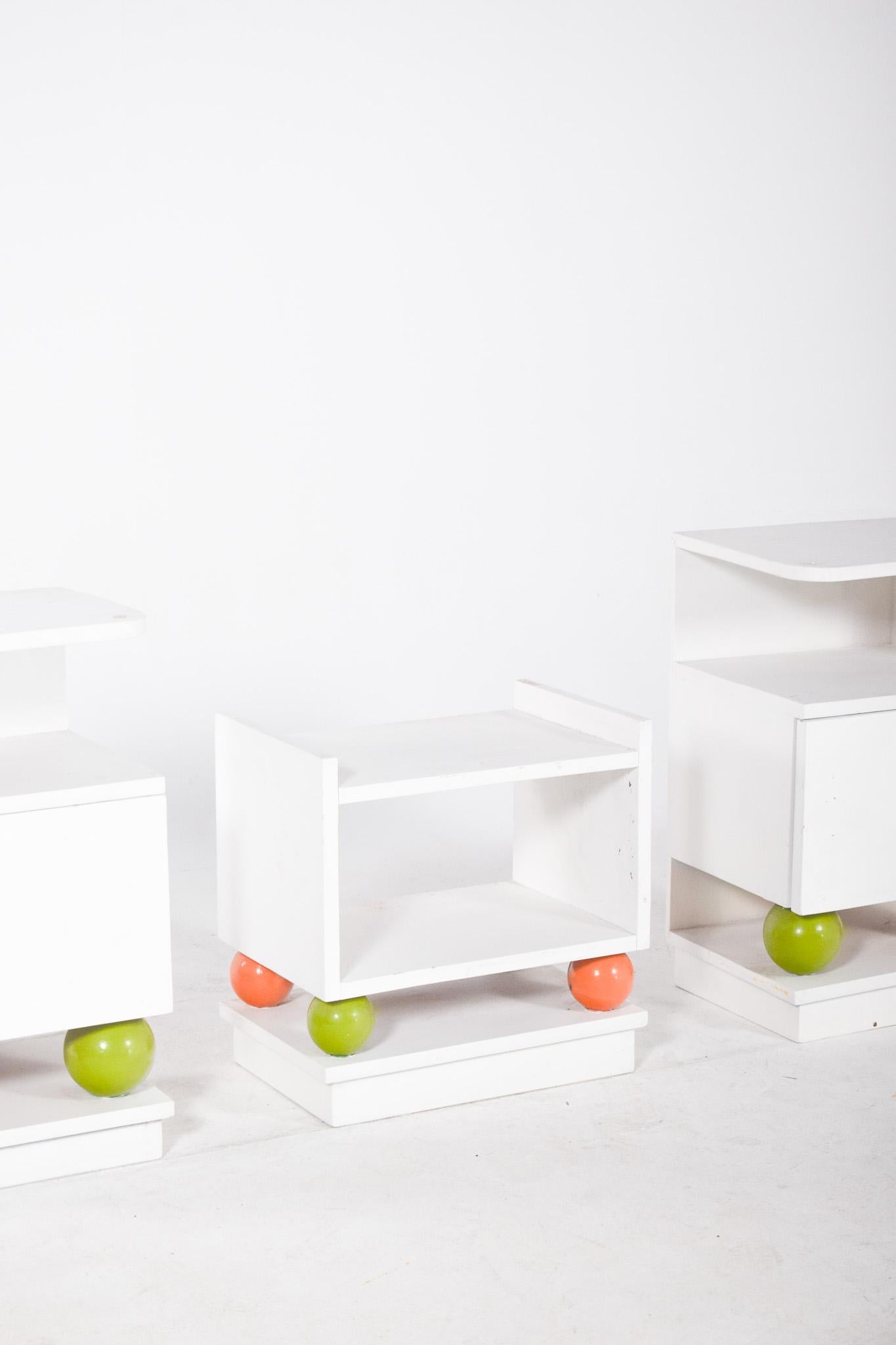 Painted Portuguese Set of Two Bedside Tables and Bench For Sale