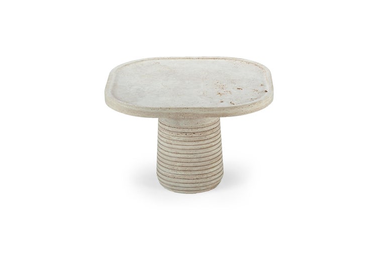 Brutalist Portuguese Side Table Poppy beige Travertine stone Custom by Mambo For Sale
