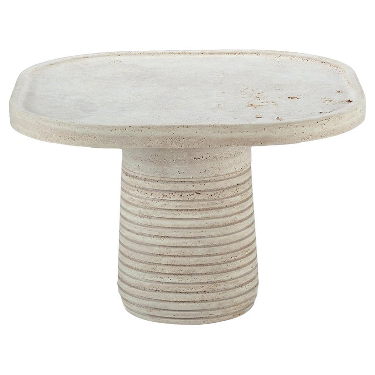 Portuguese Side Table Poppy beige Travertine stone Custom by Mambo For Sale