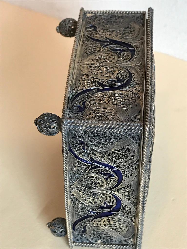 20th Century Portuguese Silver Filigree and Enamel Box with Gold Wash For Sale