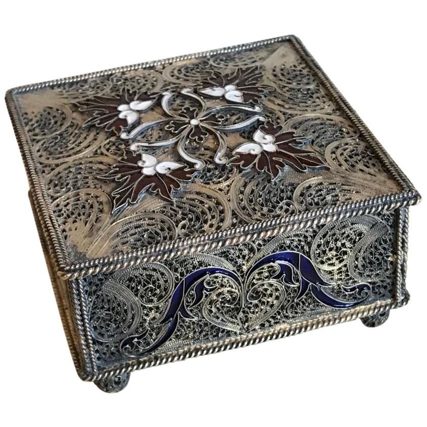 Portuguese Silver Filigree and Enamel Box with Gold Wash For Sale