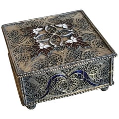 Portuguese Silver Filigree and Enamel Box with Gold Wash