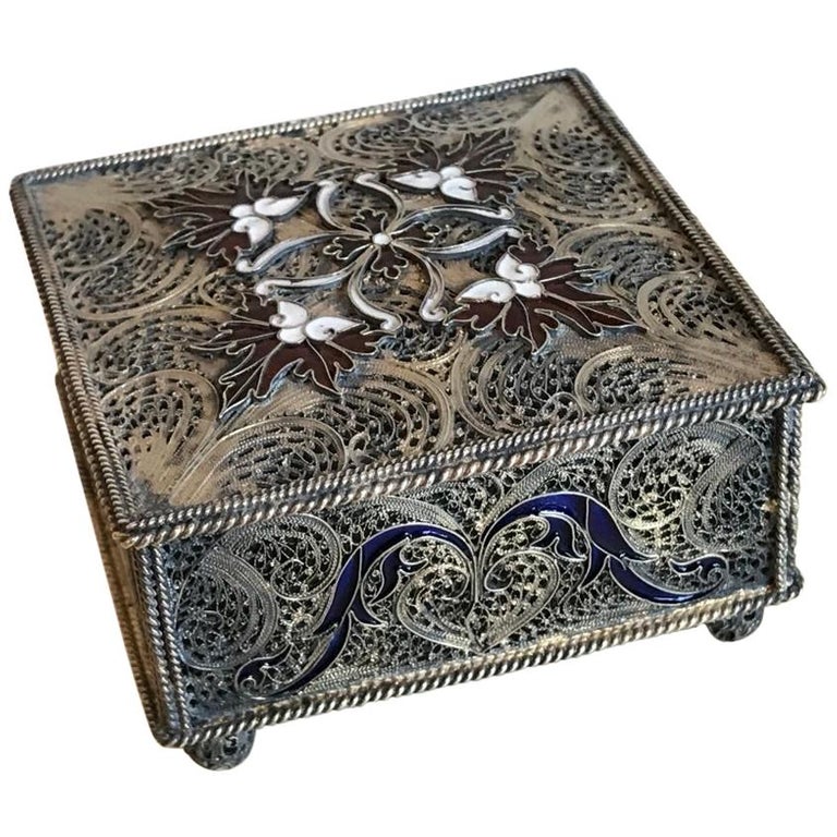 Portuguese Silver Filigree and Enamel Box with Gold Wash Portuguese Silver Filigree and Enamel Box with Gold Wash