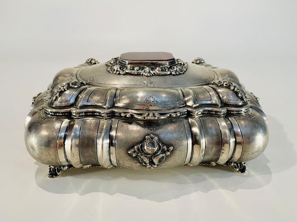 Incredible portuguese silver jewerly box with semi-precious stones on the lid circa 1850.