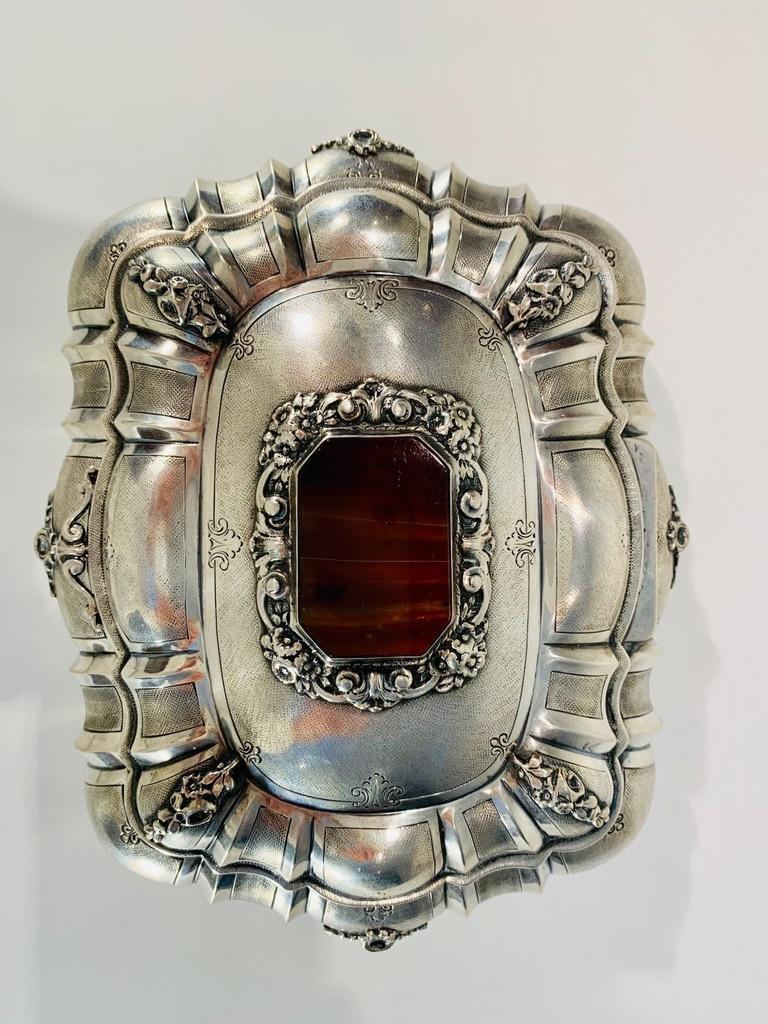 Appliqué Portuguese silver jewerly box with semi-precious stones on the lid circa 1850. For Sale