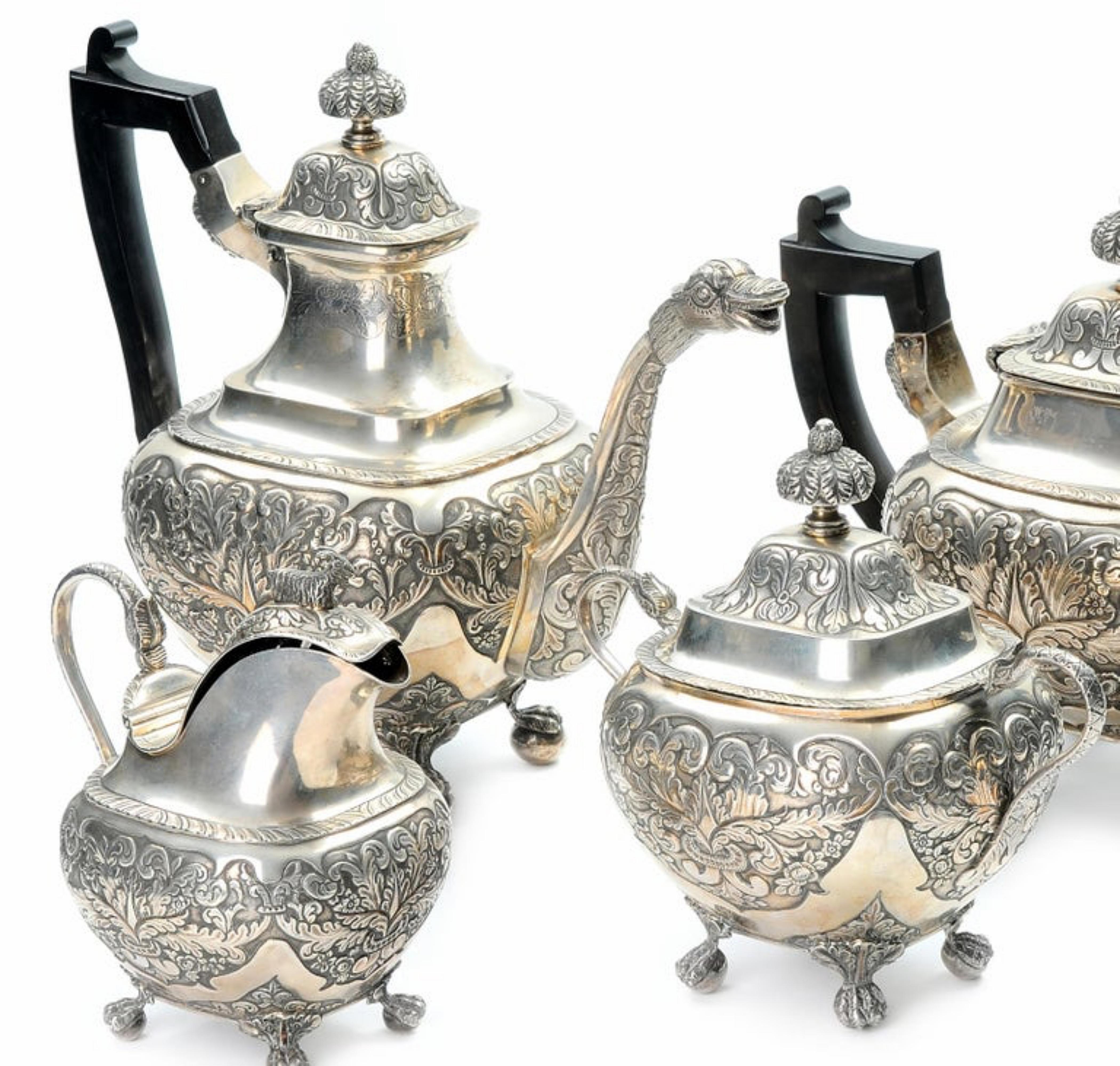 Hand-Crafted Portuguese Silver Tea and Coffee Service 19th Century For Sale