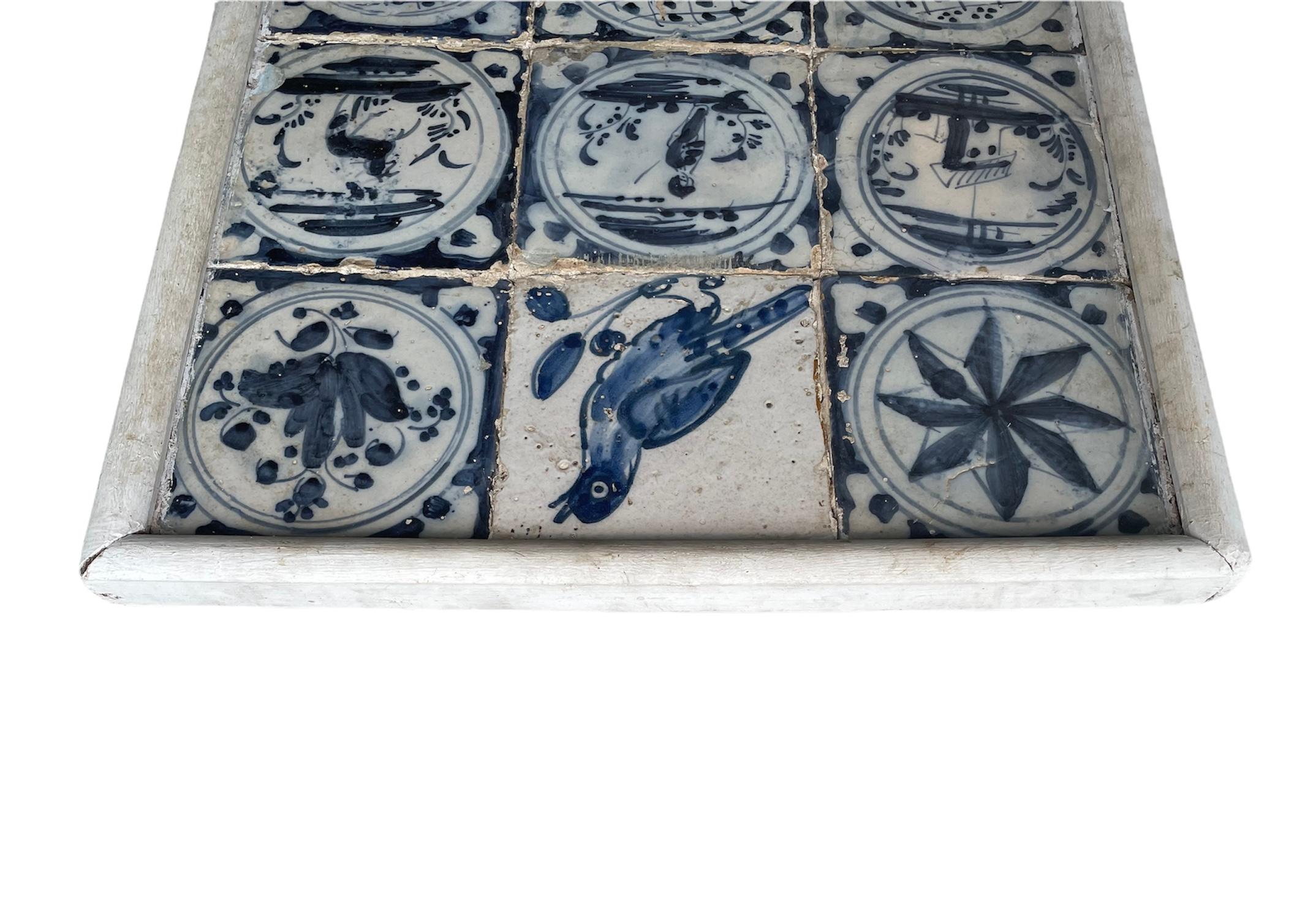 Folk Art Portuguese Small Wood Framed Mural of Blue and White Tiles-“Azulejos”