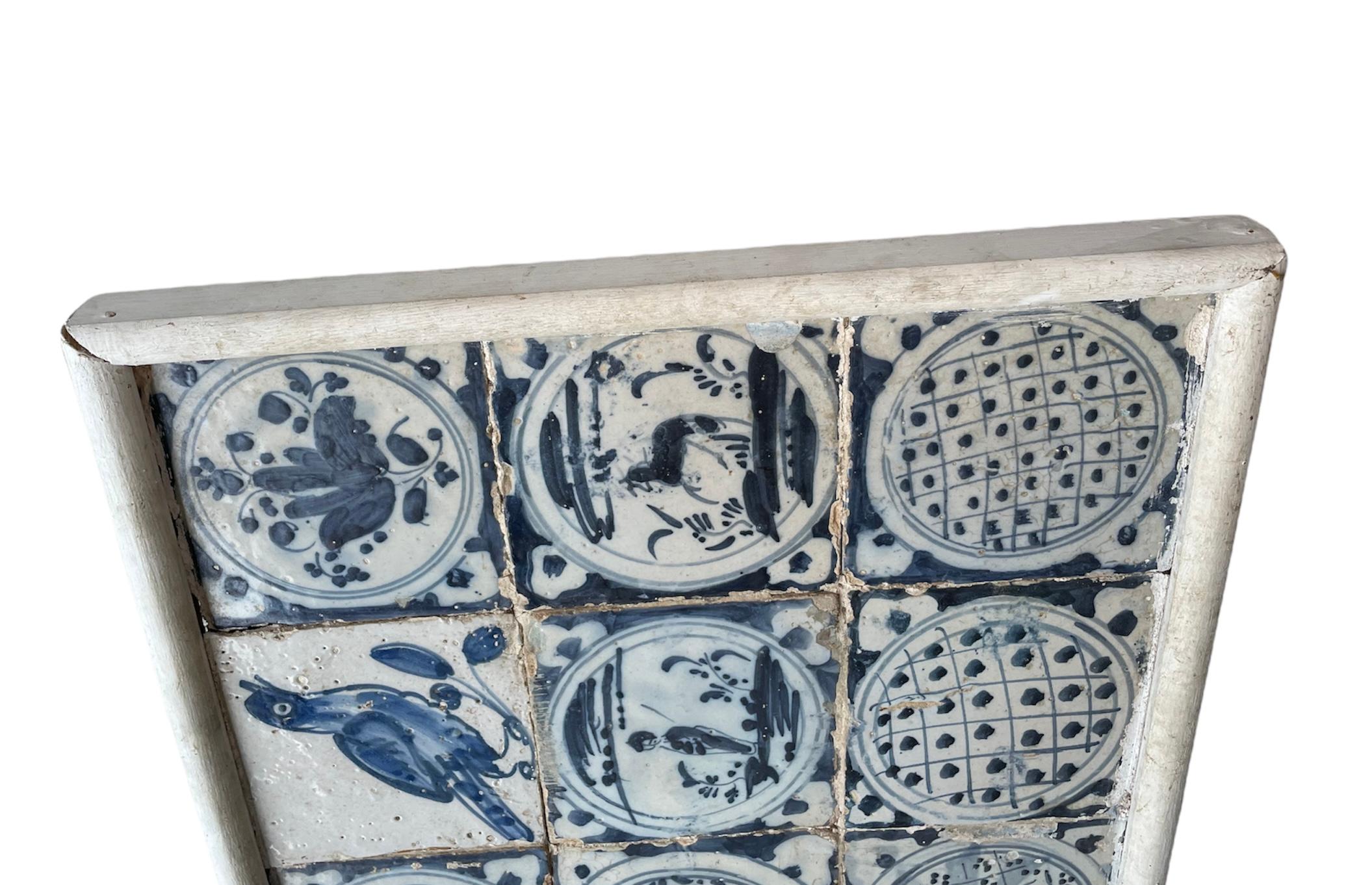 Portuguese Small Wood Framed Mural of Blue and White Tiles-“Azulejos” In Fair Condition In Guaynabo, PR