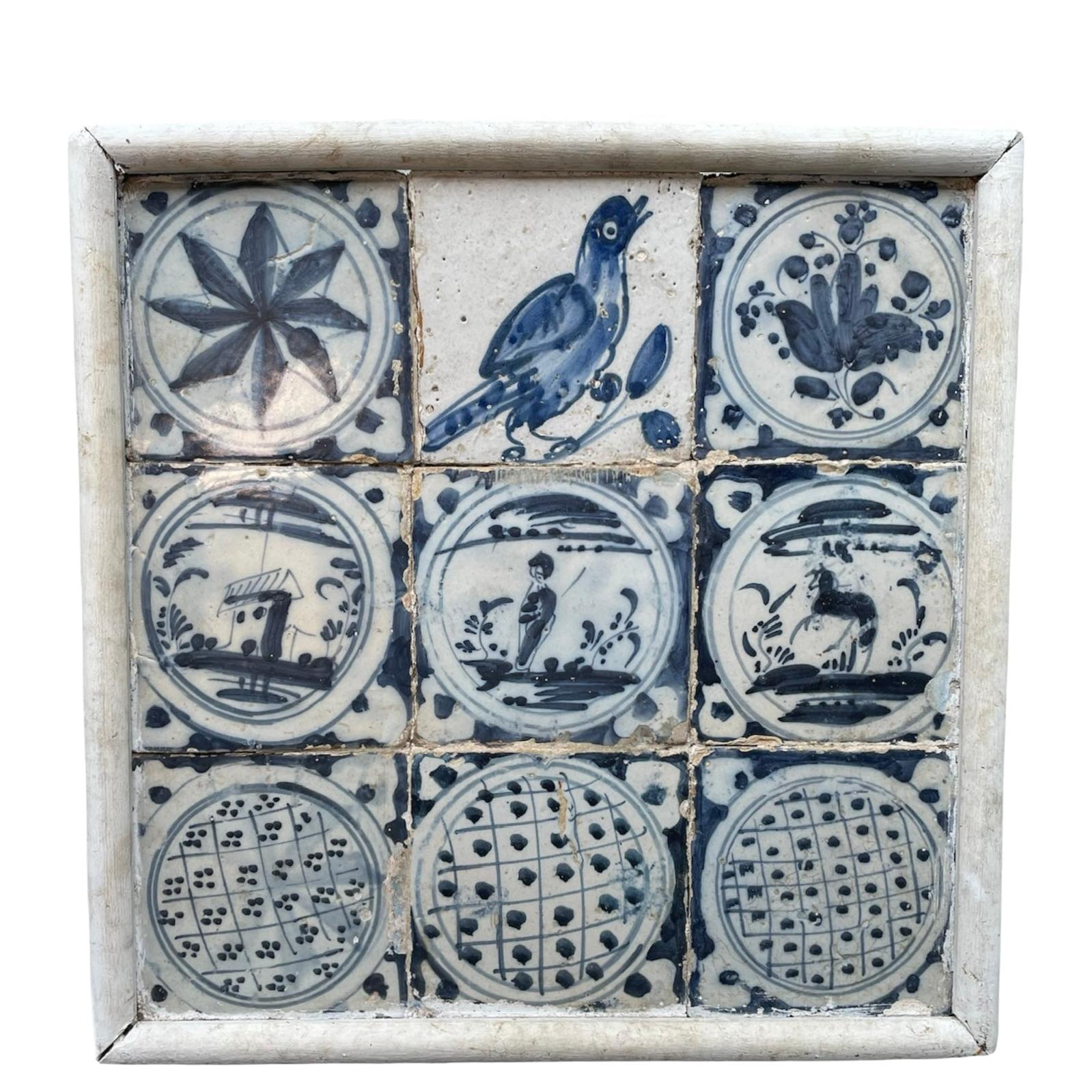 Portuguese Small Wood Framed Mural of Blue and White Tiles-“Azulejos”