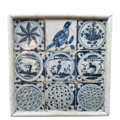 Portuguese Small Wood Framed Mural of Blue and White Tiles-“Azulejos”