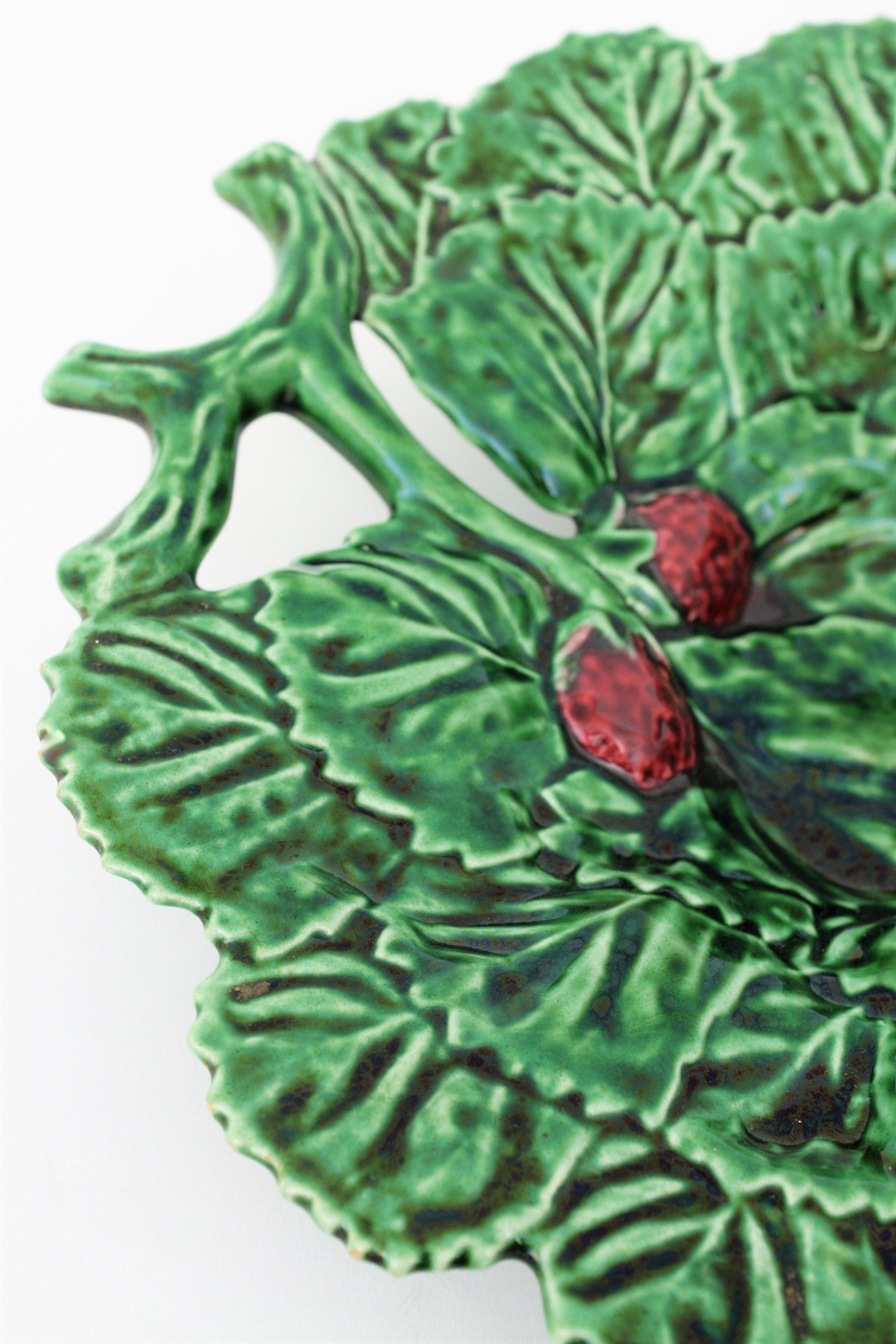 Portuguese Strawberry Leaf Glazed Ceramic Decorative Platter For Sale 2