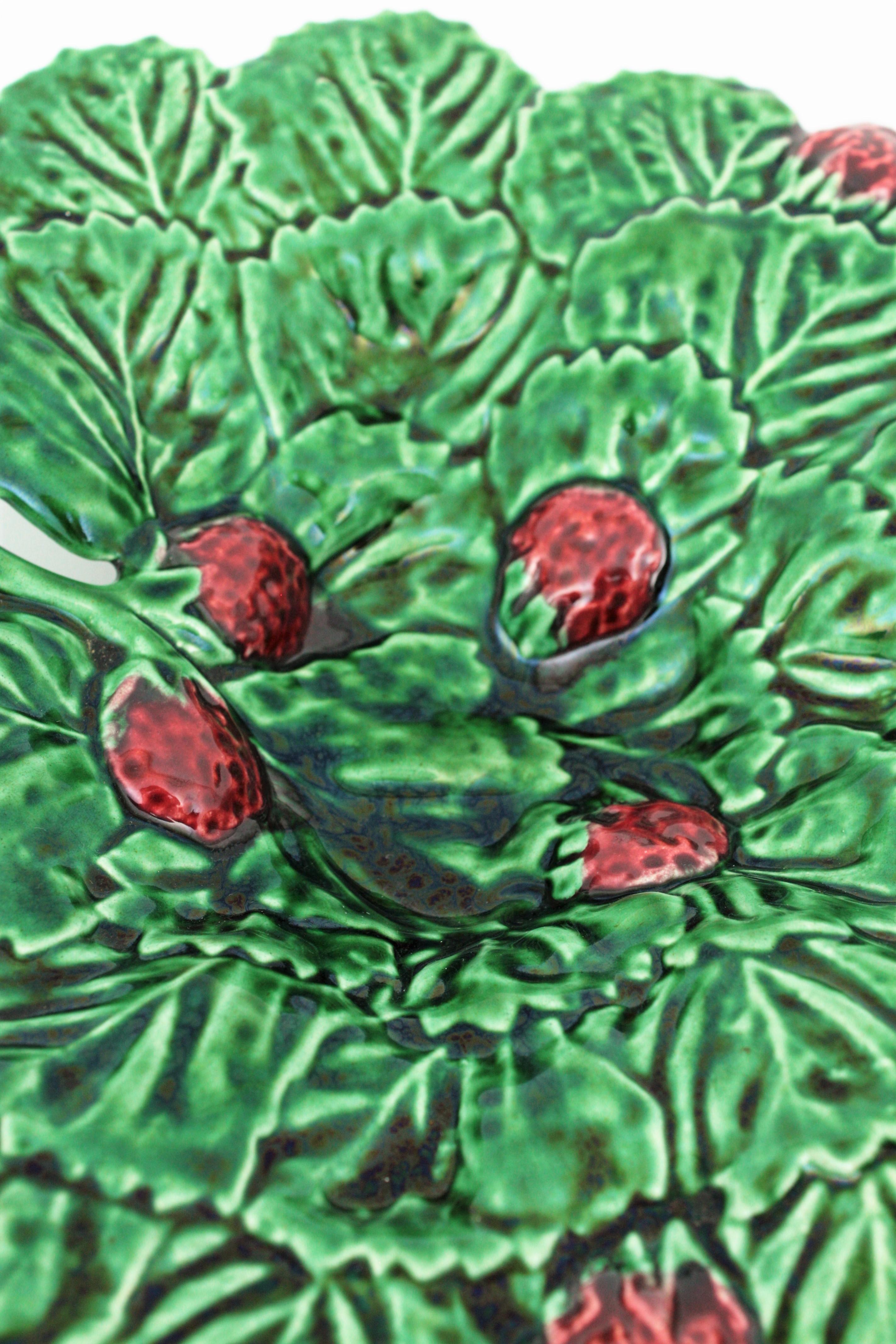 Hand-Painted Portuguese Strawberry Leaf Glazed Ceramic Decorative Platter For Sale