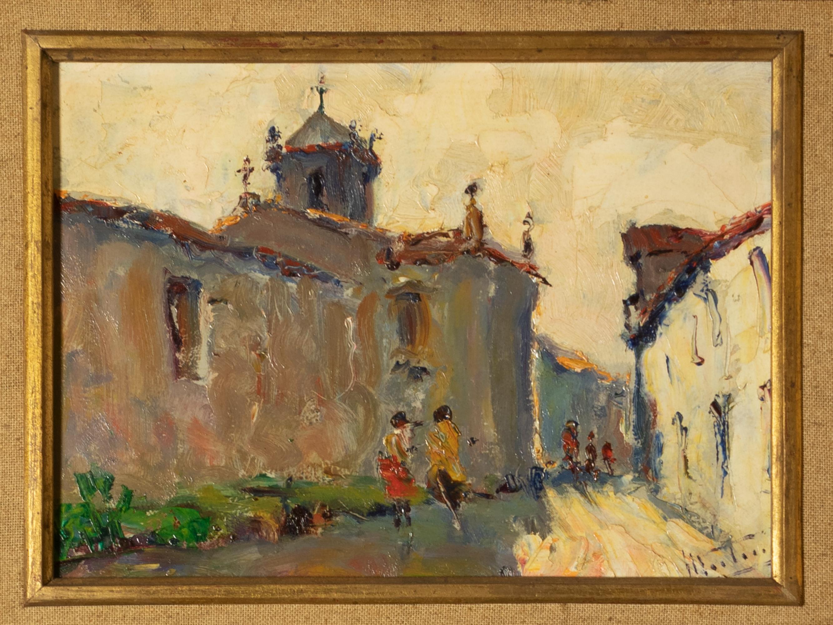 Portugiesische Straßenszene von Jaime Murteira, Öl auf Platex (Holz) im Angebot