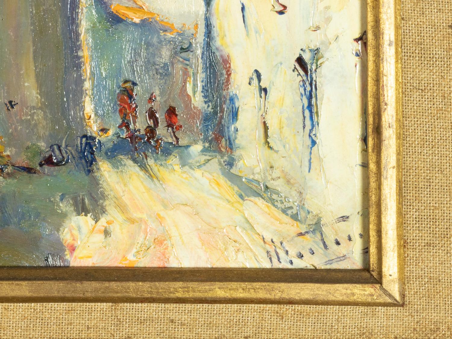 Scène de rue portugaise par Jaime Murteira, Huile sur Platex, École portugaise Bon état - En vente à Lisbon, PT