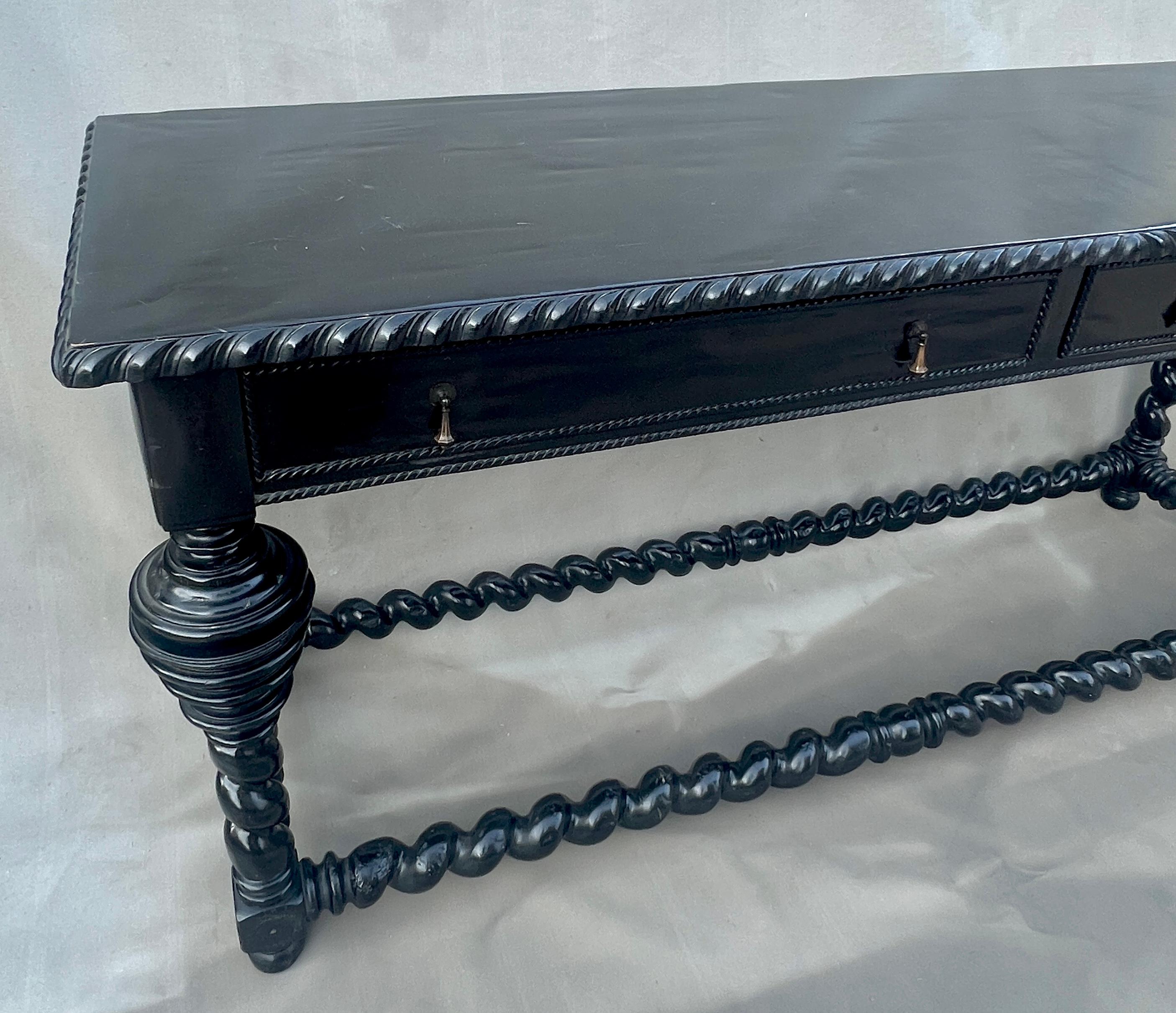 Portuguese style Ebonized Library Table with Turned Legs and Stretcher For Sale 1