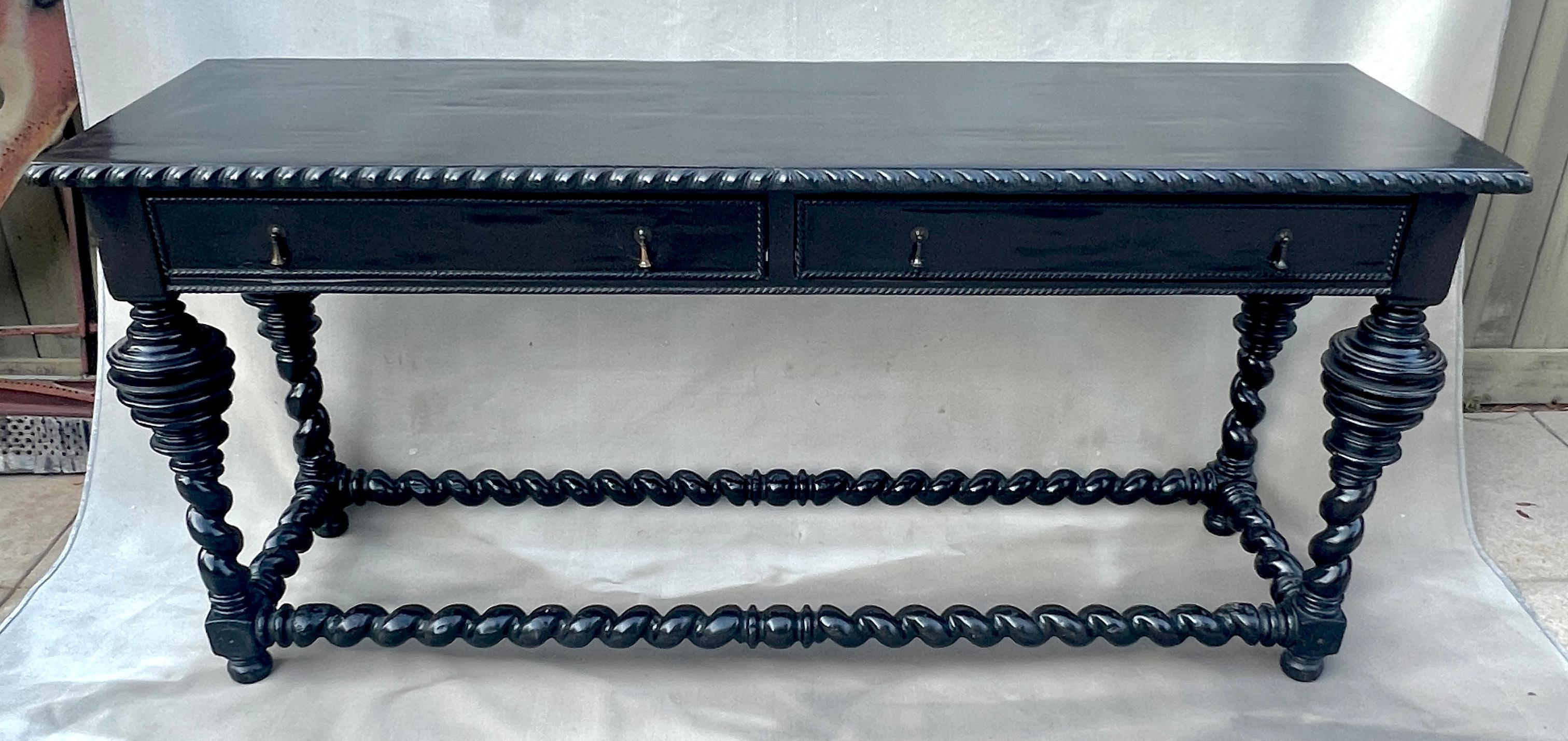 Portuguese style Ebonized Library Table with Turned Legs and Stretcher For Sale 2