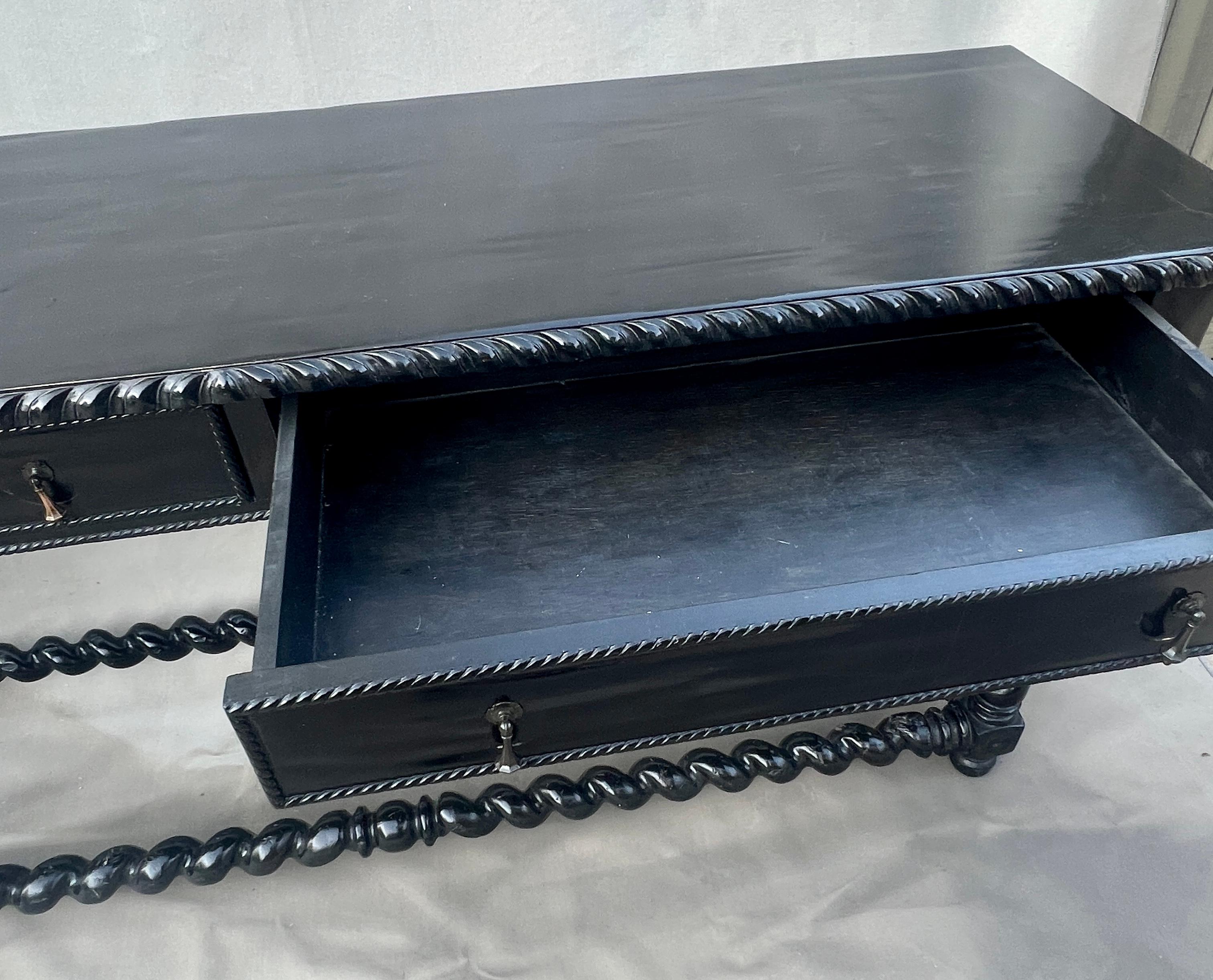 Portuguese style Ebonized Library Table with Turned Legs and Stretcher For Sale 3