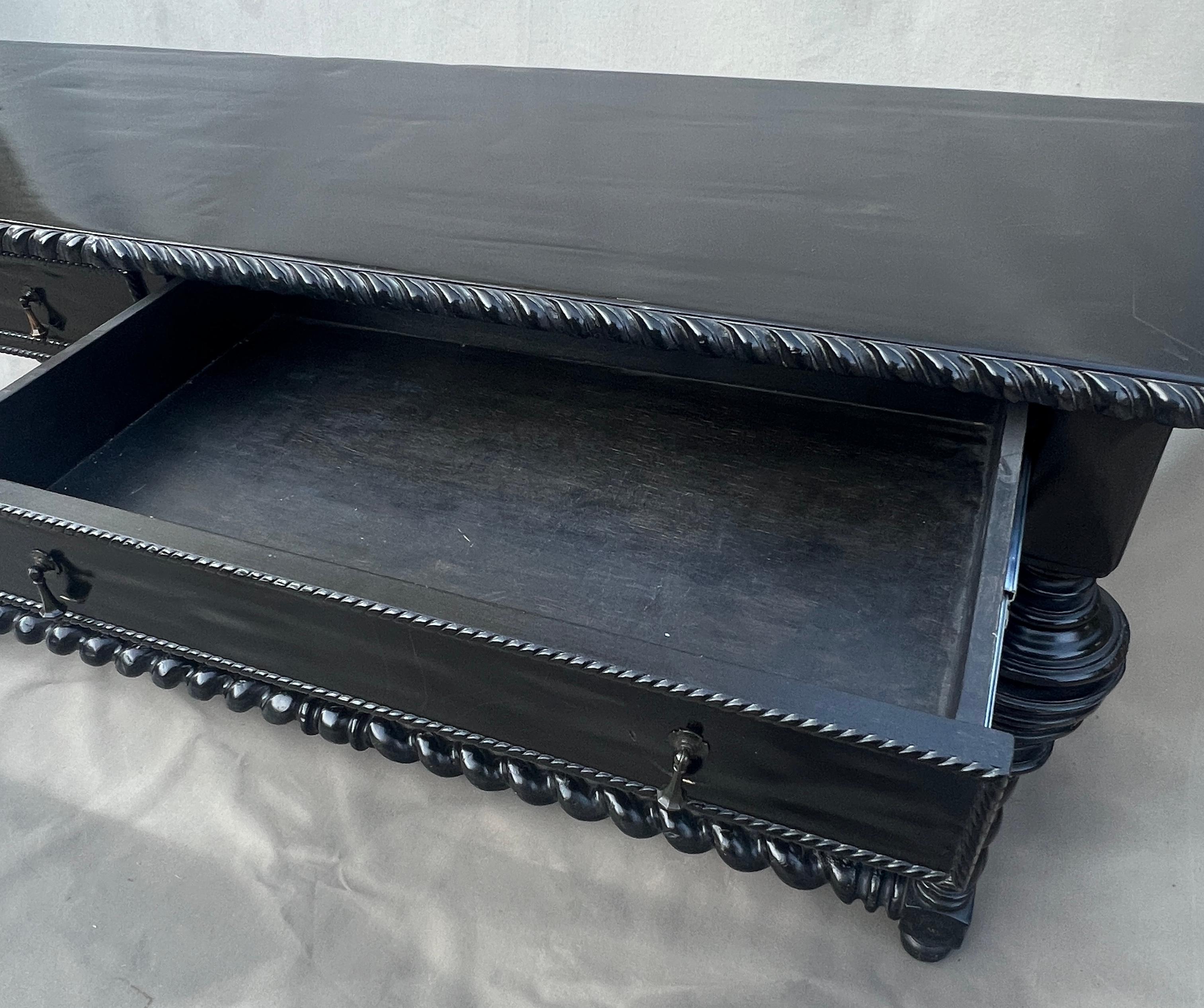 Portuguese style Ebonized Library Table with Turned Legs and Stretcher For Sale 4