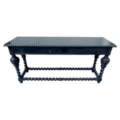 Portuguese style Ebonized Library Table with Turned Legs and Stretcher