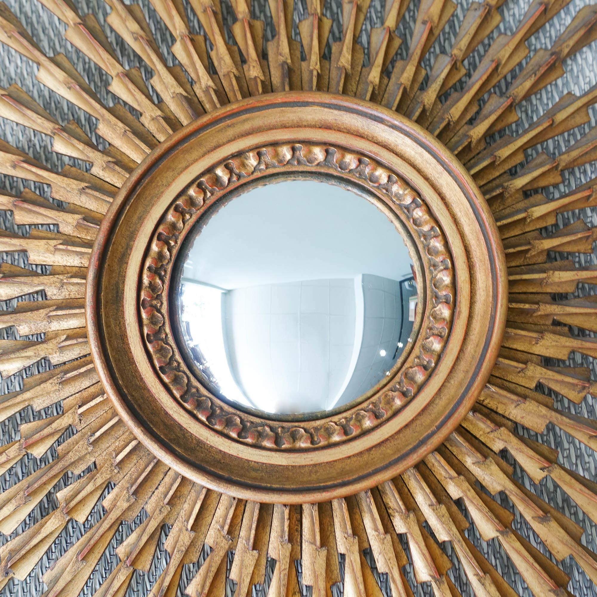 Mid-Century Modern Portuguese Sunburst Gilded Wood Convex Mirror, 1950s For Sale