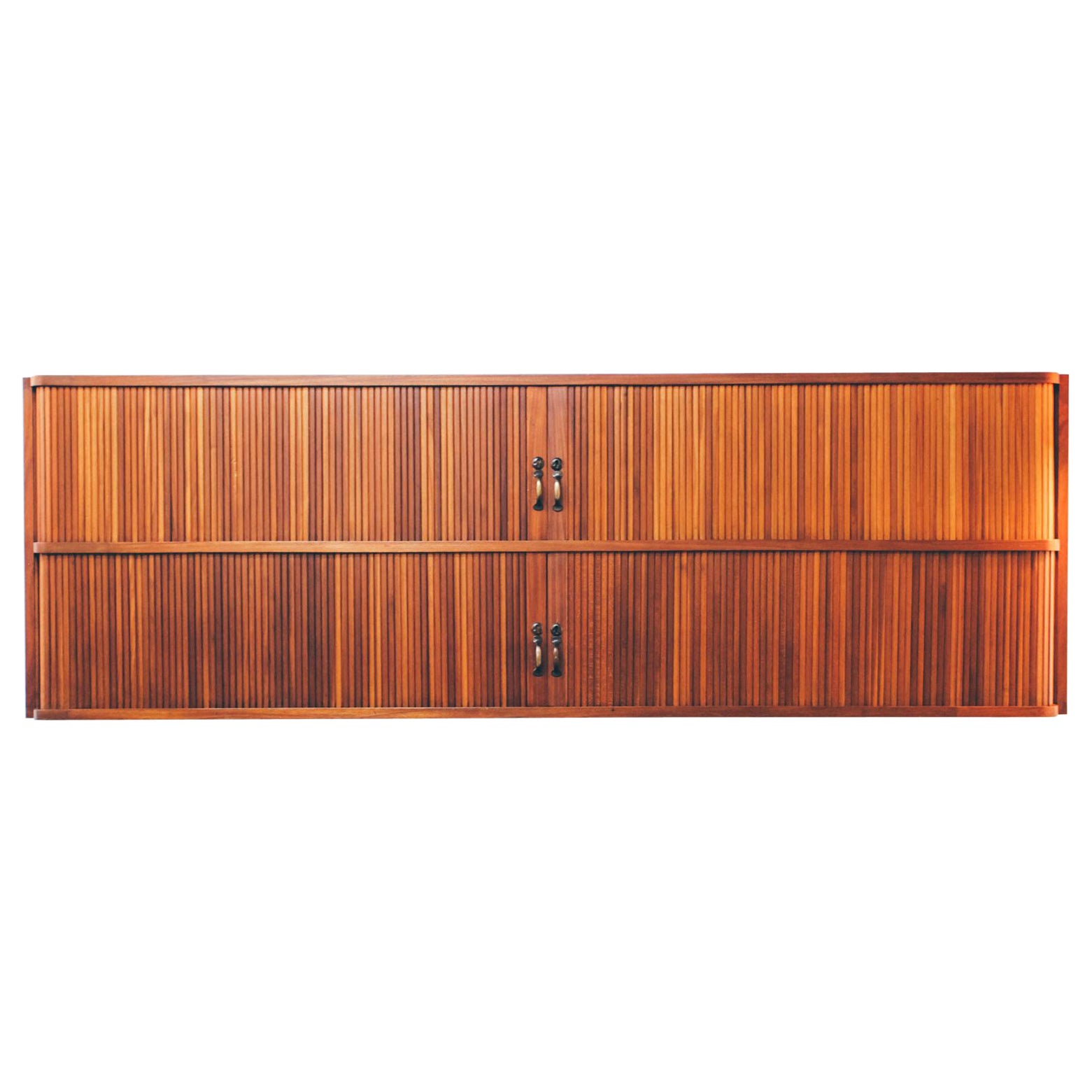 Portuguese Teak Wall Mounted Tambour Door Shelf by Olaio, 1950s